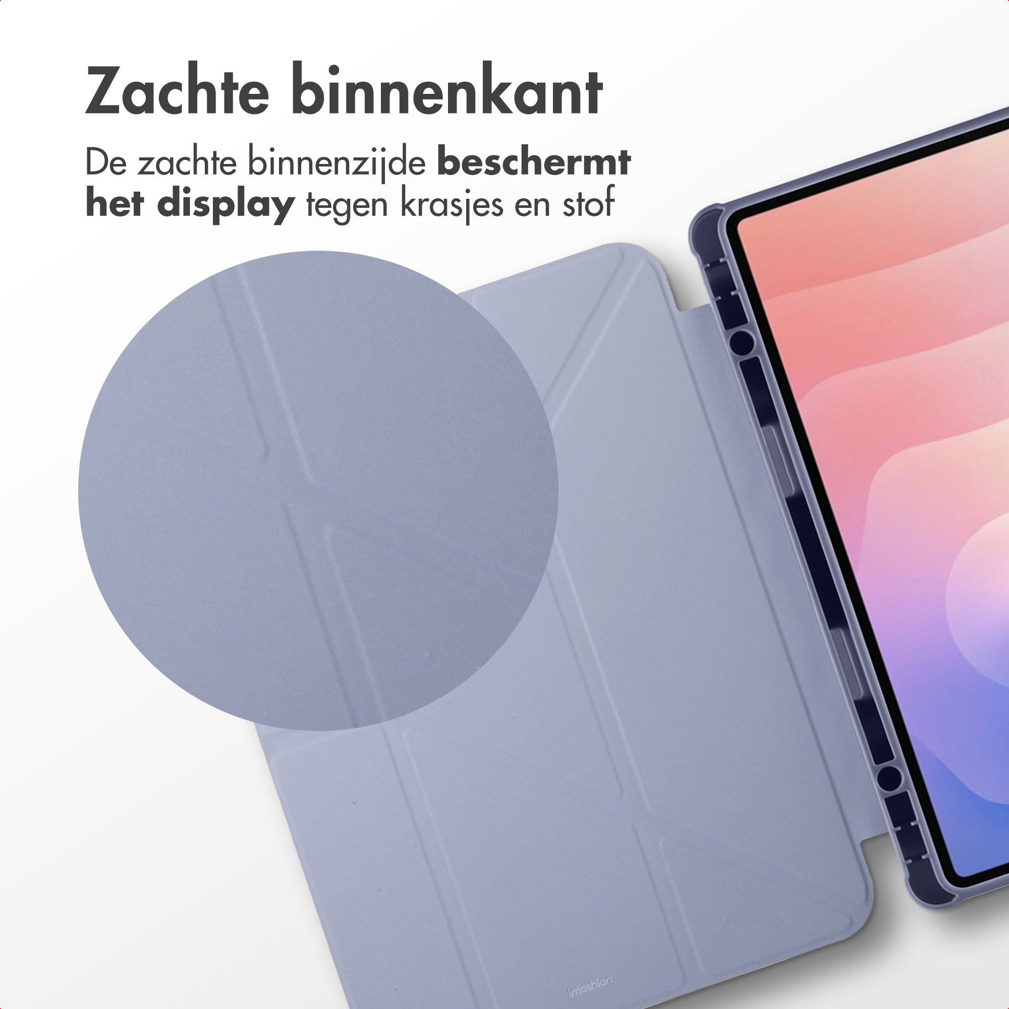 A tablet case, open to reveal the screen. It is light blue. Text on the top says 'Soft inside'.