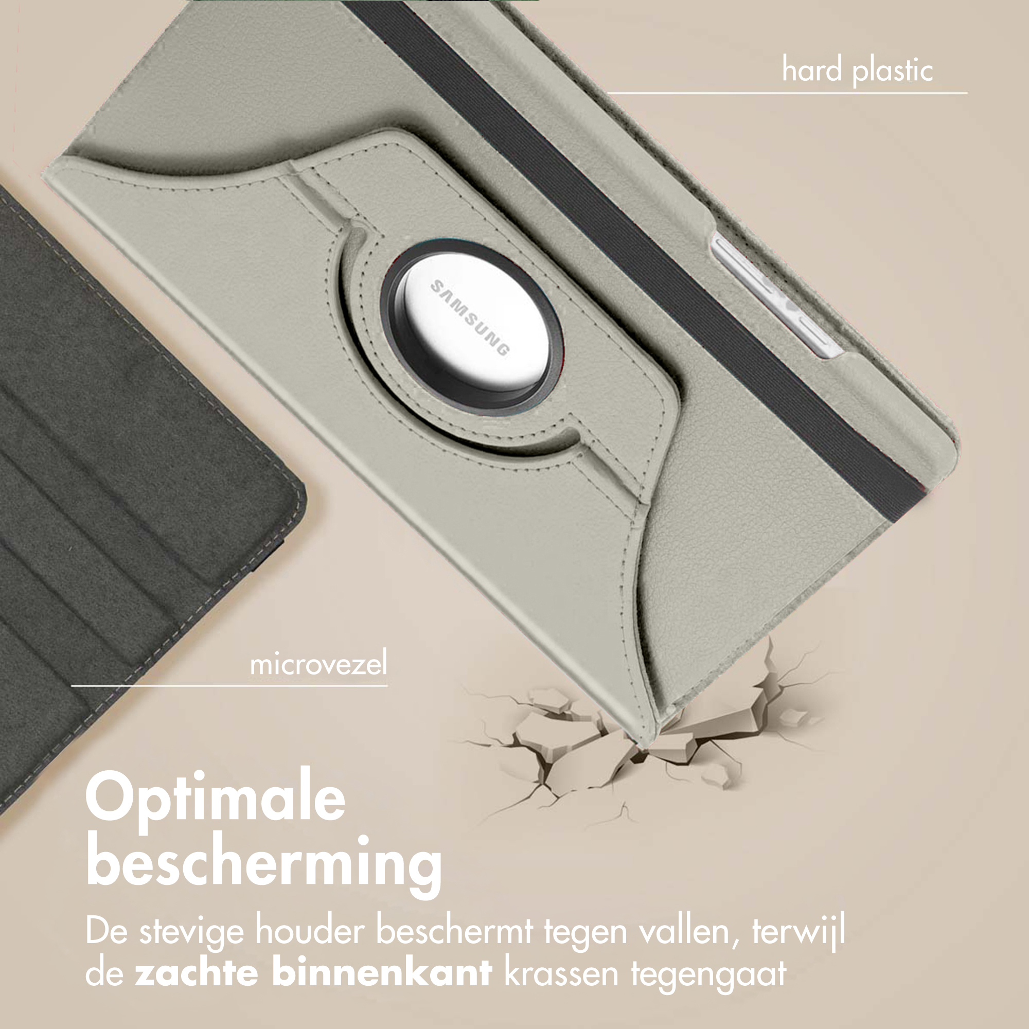 A tablet case with a Samsung logo is displayed. The case is gray with a microfiber interior and hard plastic exterior.