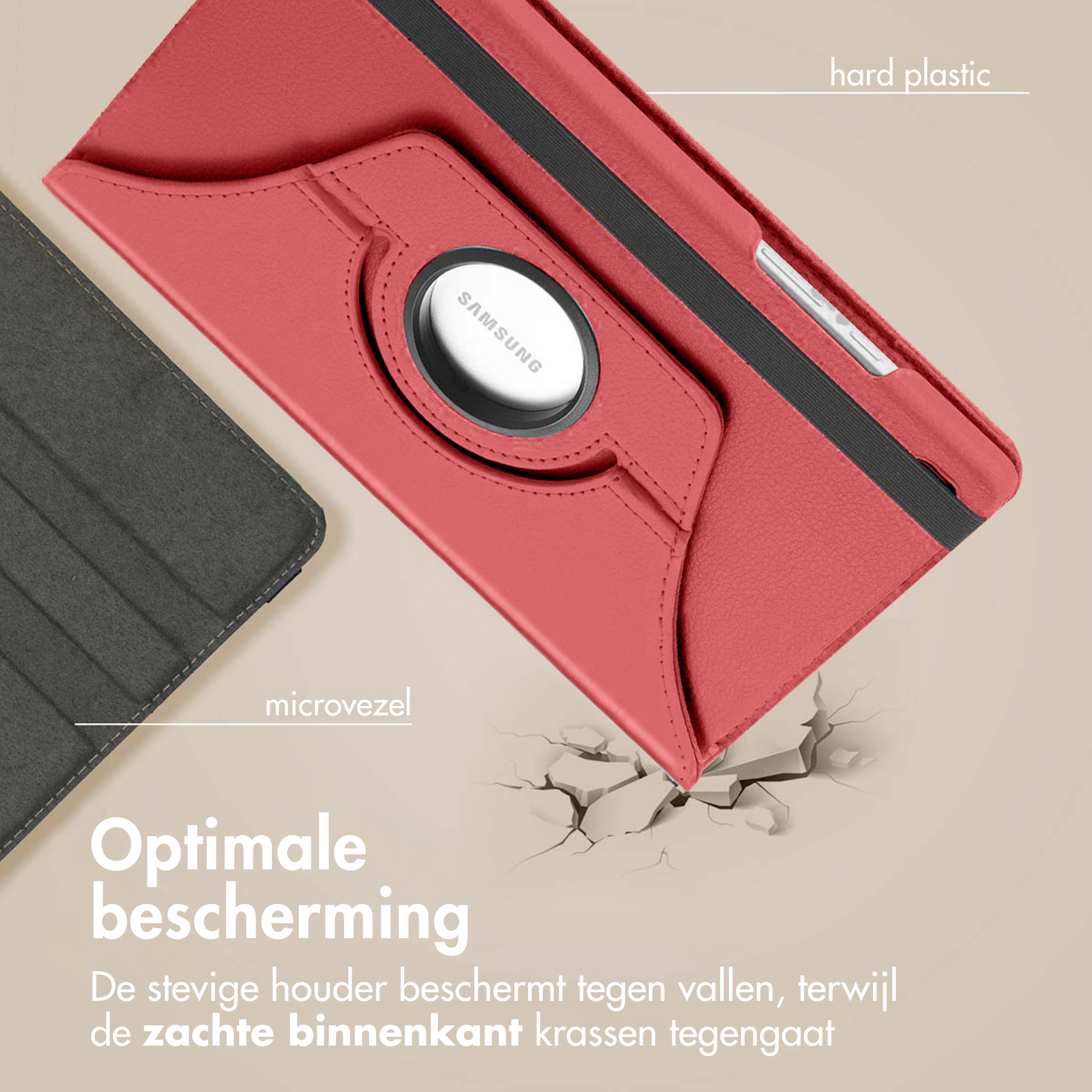 A red tablet case with a Samsung logo, on a light background. Features include hard plastic and microfiber.