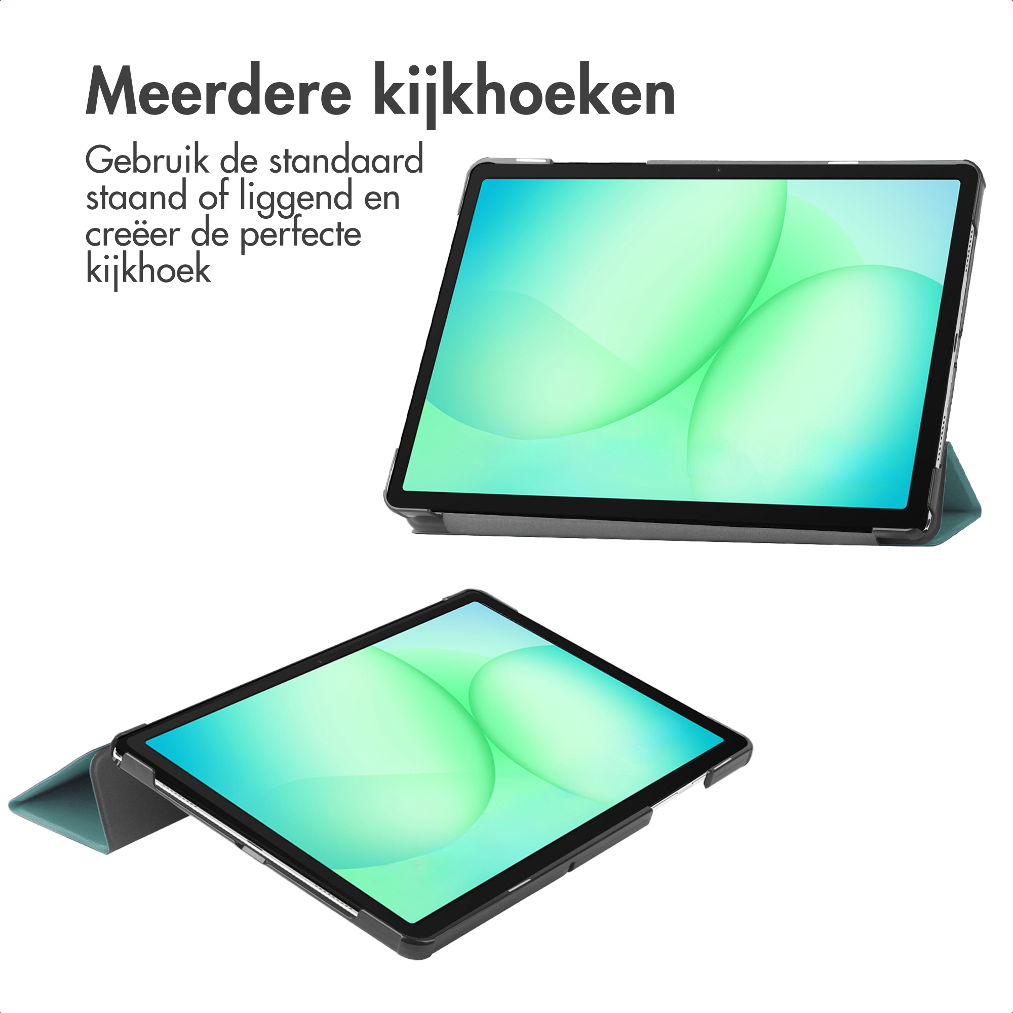 Deux tablettes sur fond blanc. Une inclinée, affichant un écran avec un design vert et blanc. Texte : Plusieurs angles de vue.
