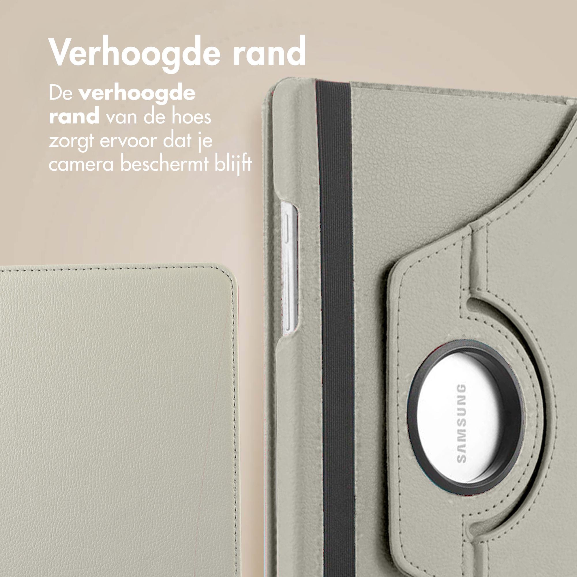 A gray tablet case with a raised edge. Black strap and a Samsung logo on the back.