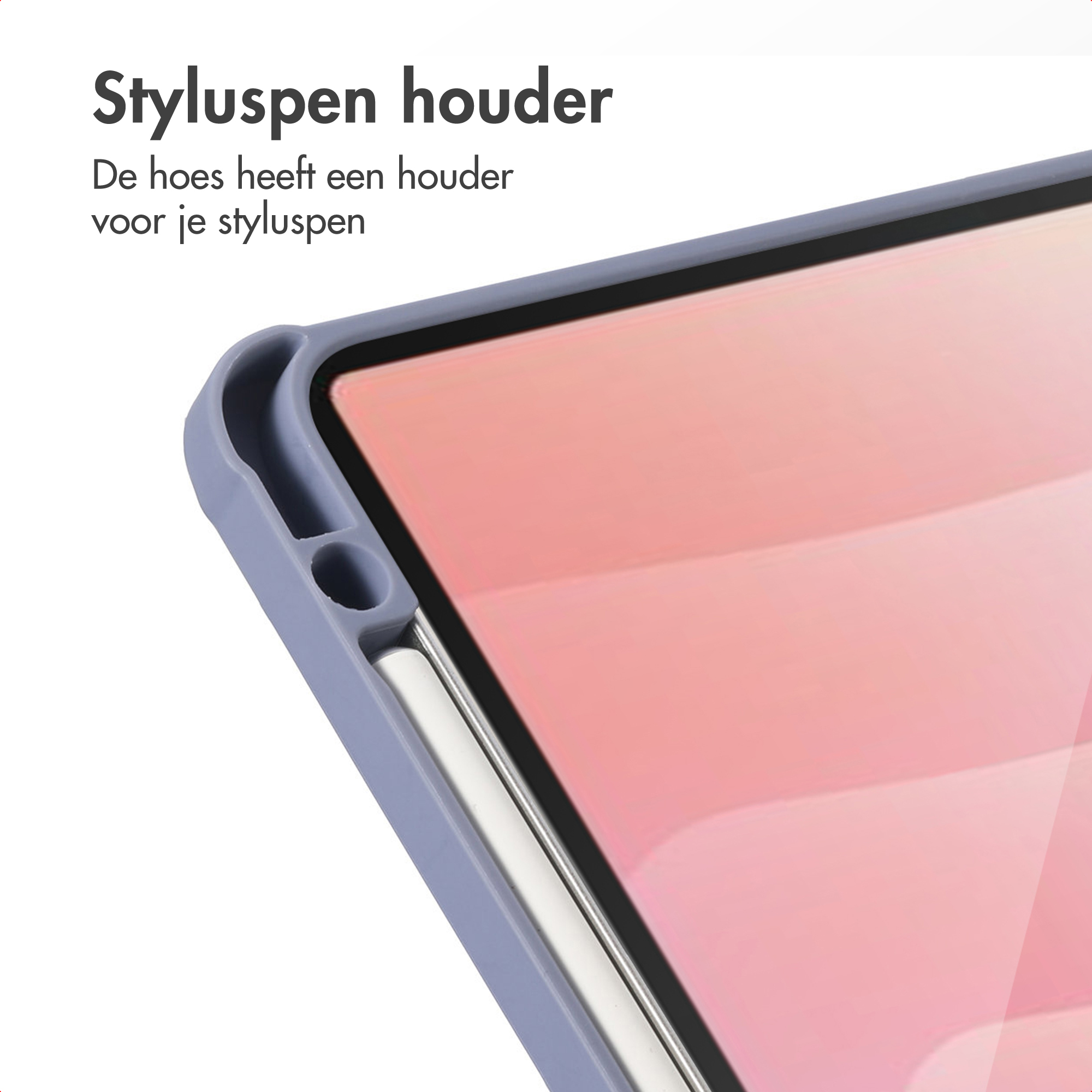 A close-up of a tablet case with a stylus holder. The case is gray, the screen is pink, and the stylus is white.