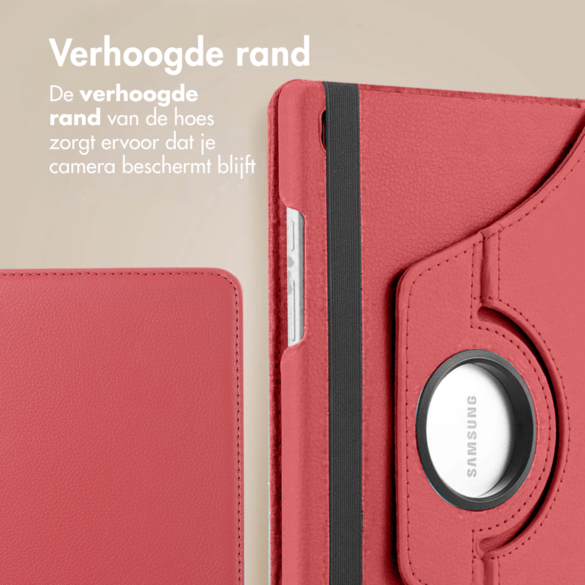 A red tablet case with a black strap. The case has a raised edge to protect the camera. The Samsung logo is visible.