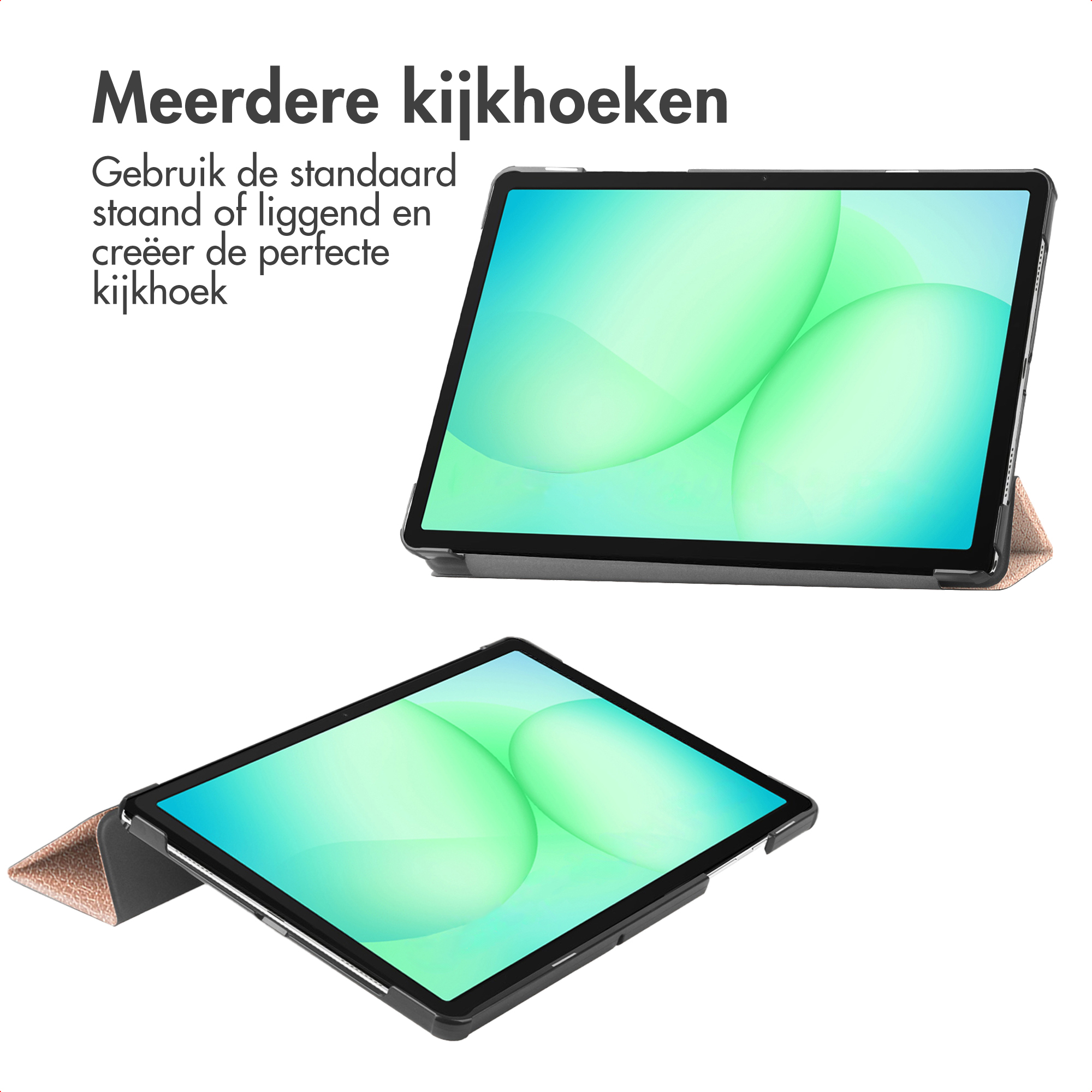 Deux tablettes avec écrans verts, une ouverte et une fermée, sur fond blanc. Texte en néerlandais.
