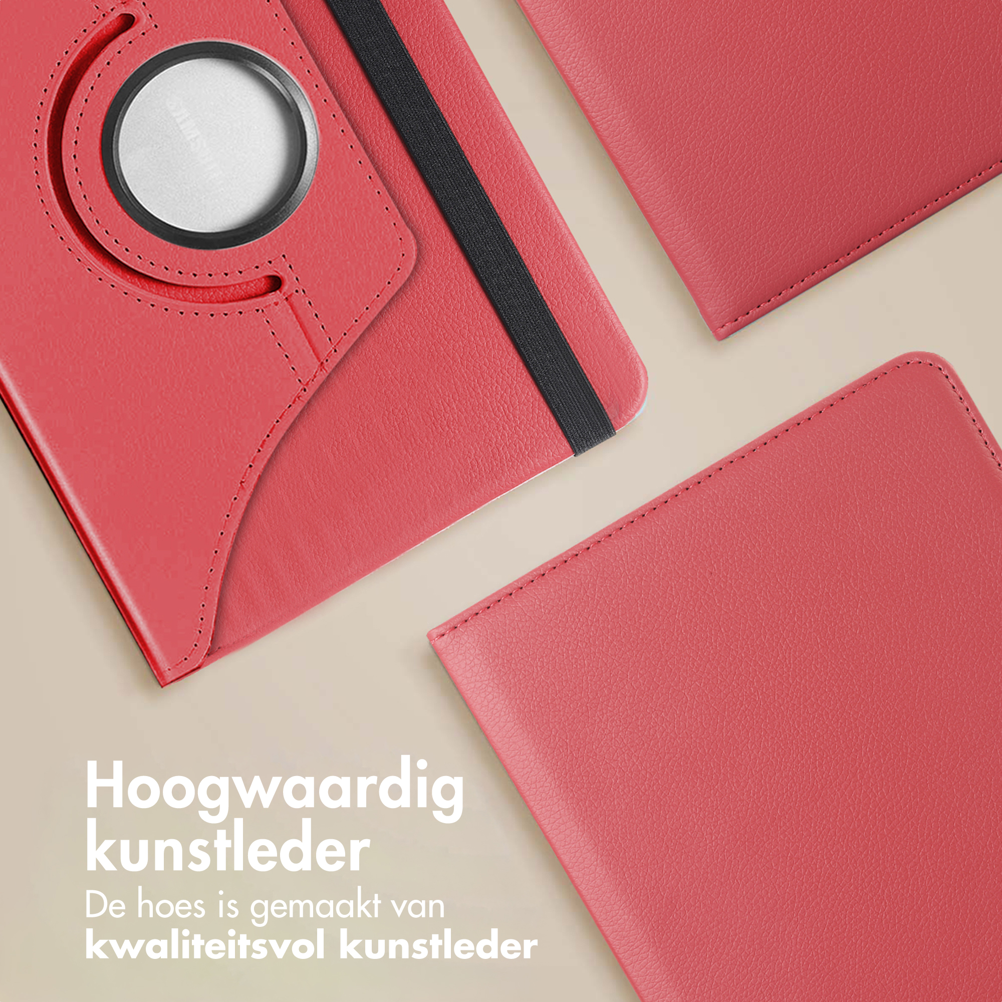Red leather tablet case with a black elastic band and a circular camera hole. High quality faux leather.