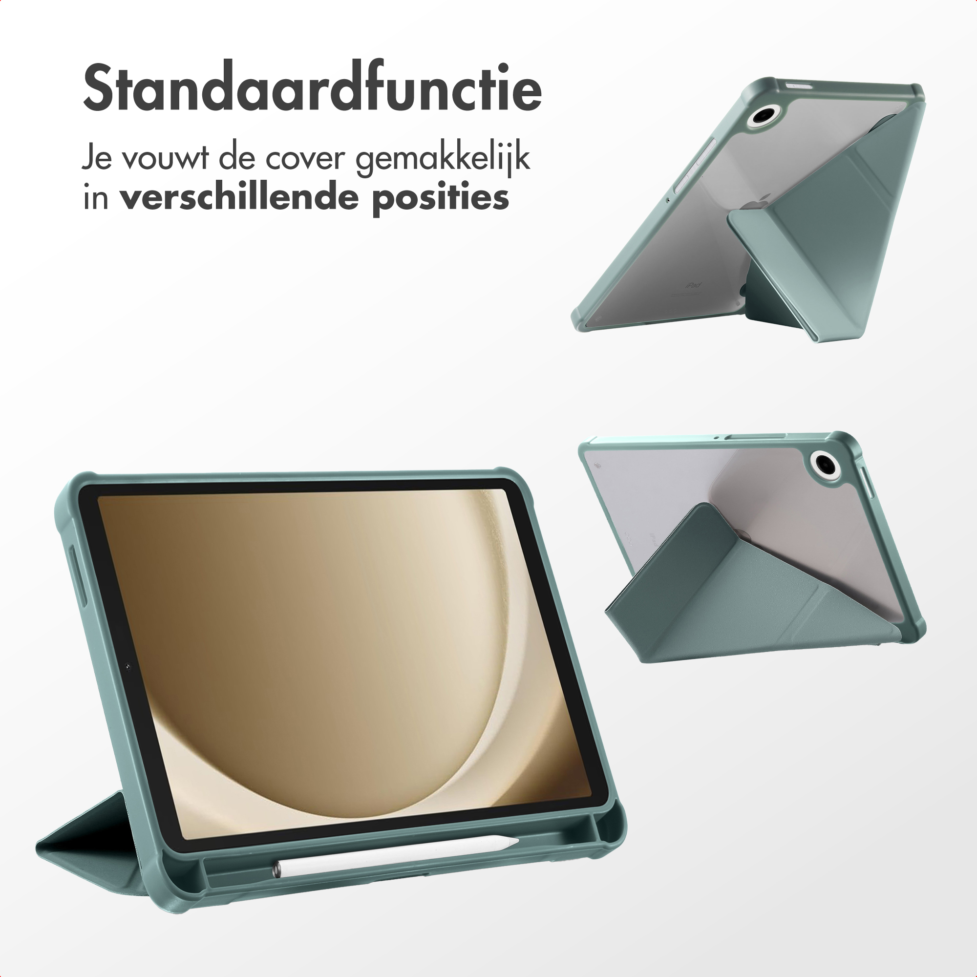 An iPad in a teal case is displayed in multiple positions, showcasing its stand function. A stylus is visible.
