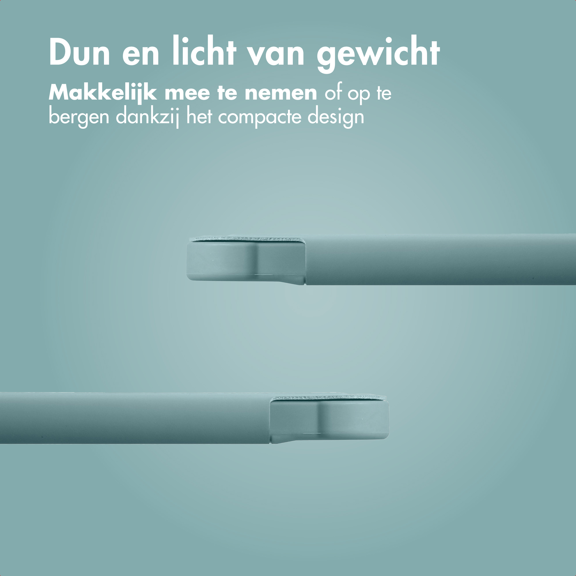 Two gray objects on a blue-green background. Text at the top says: Thin and light weight.