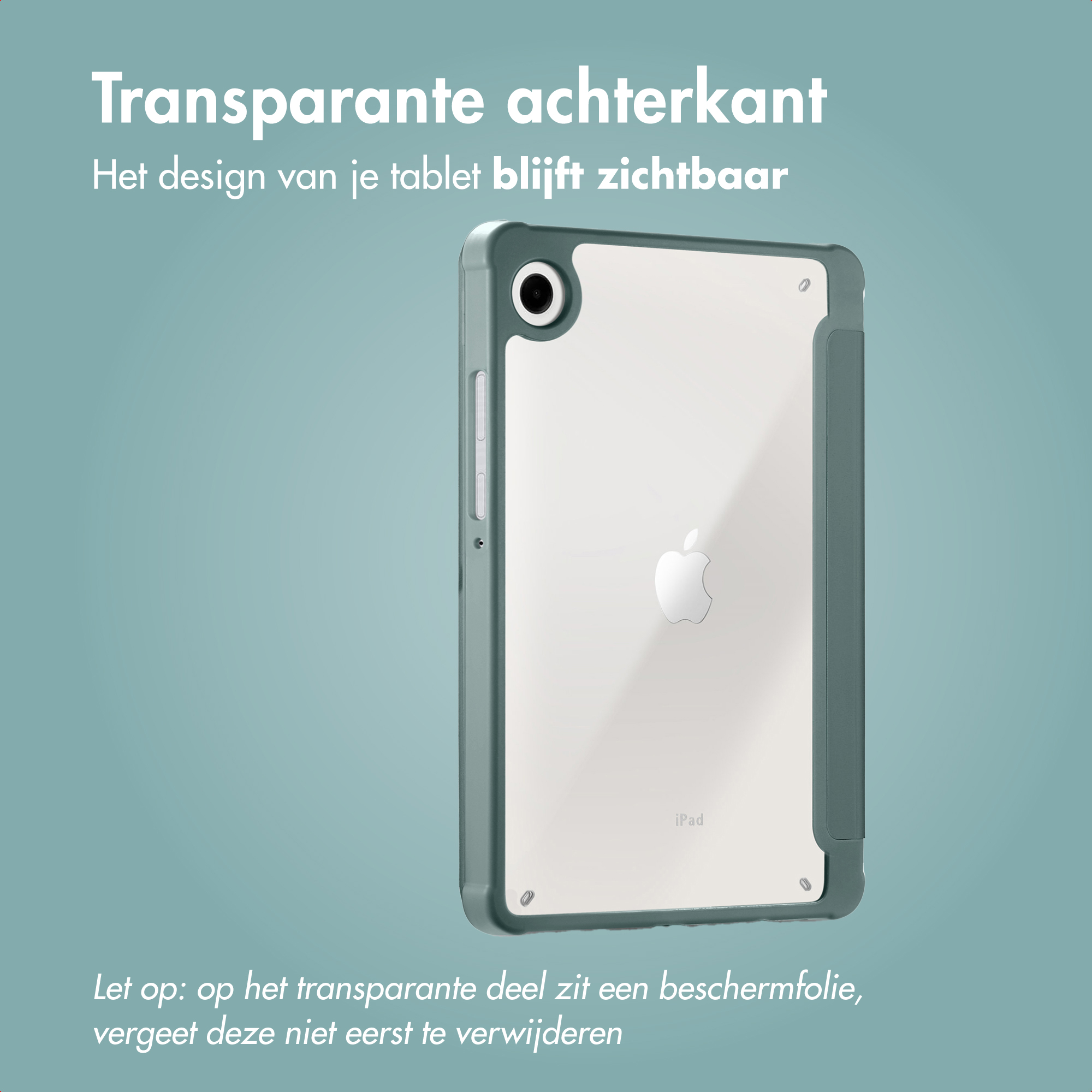An iPad in a green transparent case. White Apple logo visible. Text at top and bottom. Light blue background.