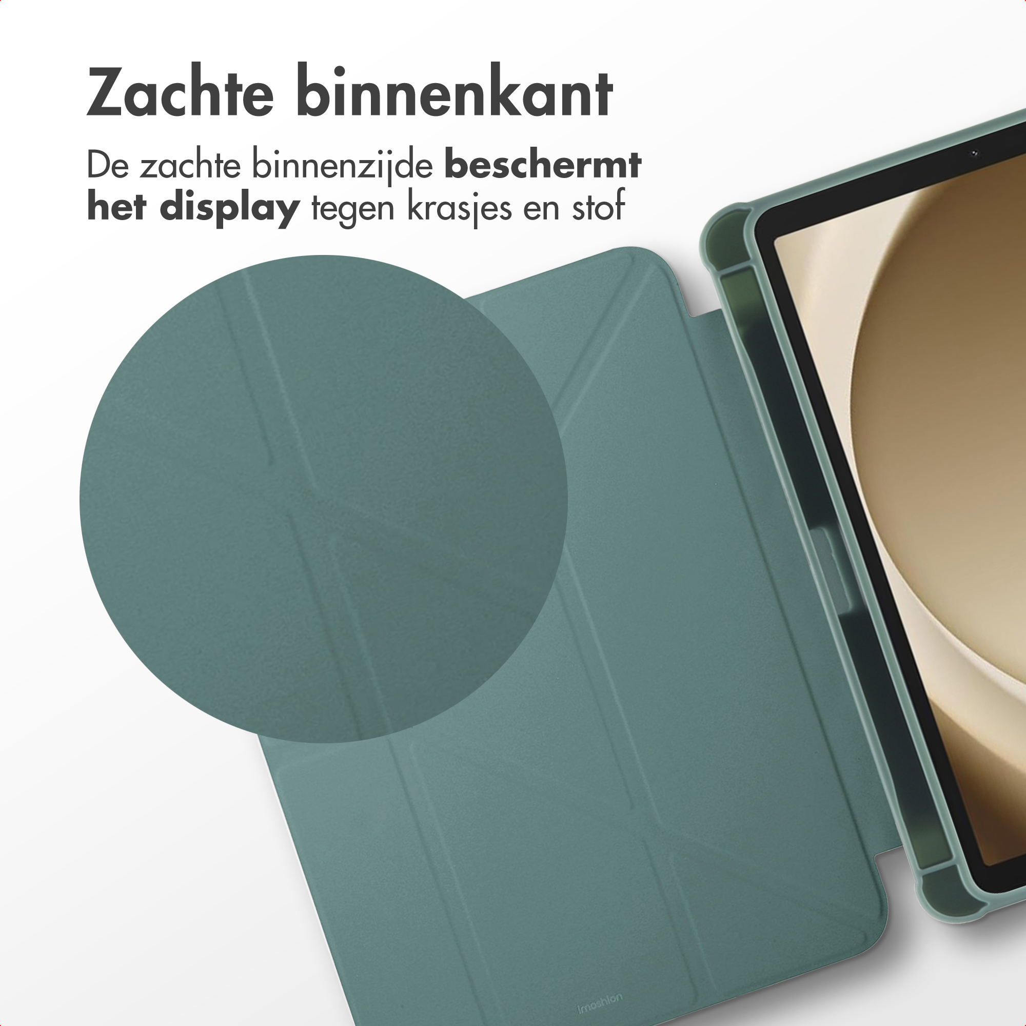 A tablet case, teal, open. The screen is visible. A circular detail shows the inner material.
