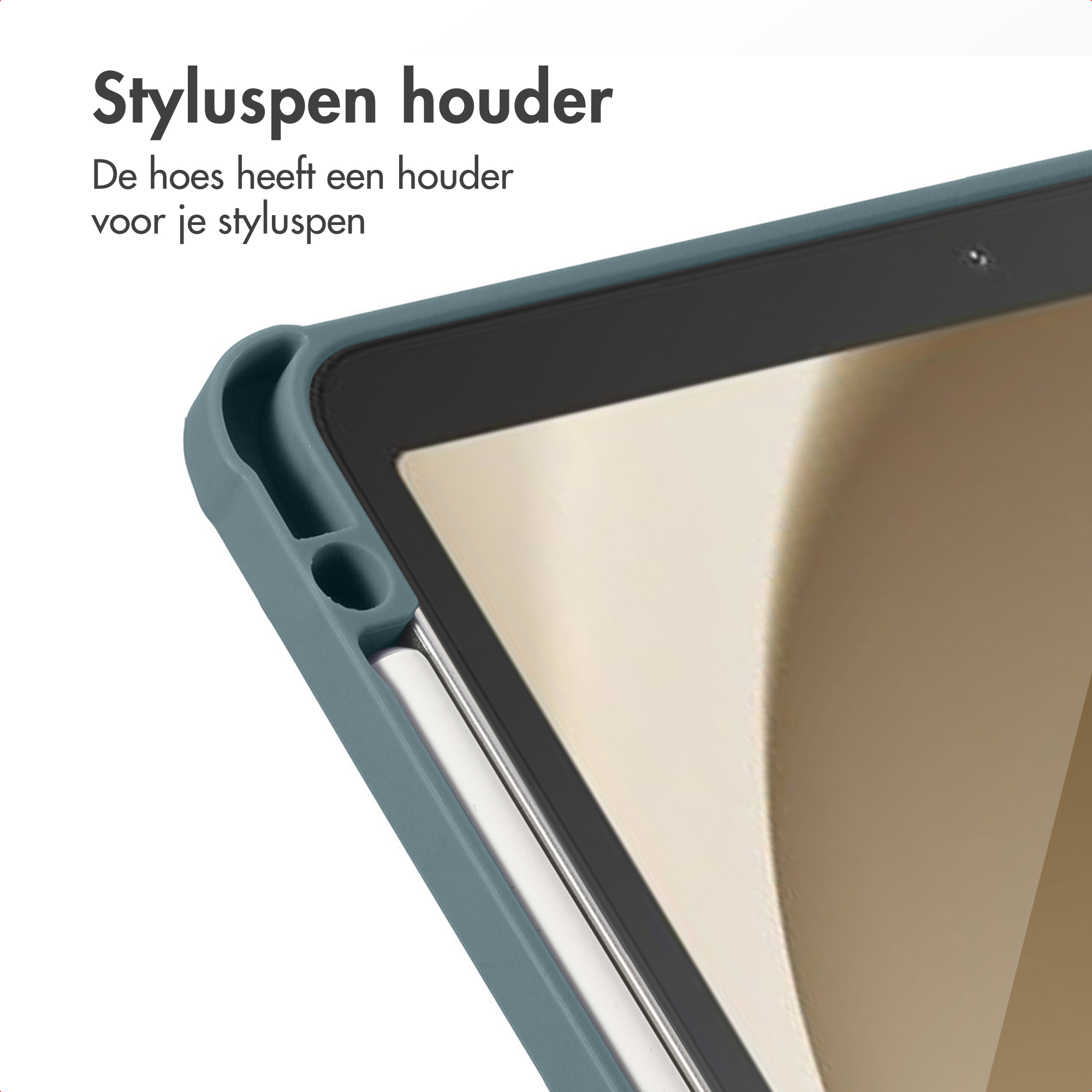 A tablet case with a stylus holder. A stylus pen is in the holder. The case is teal, the screen is black.