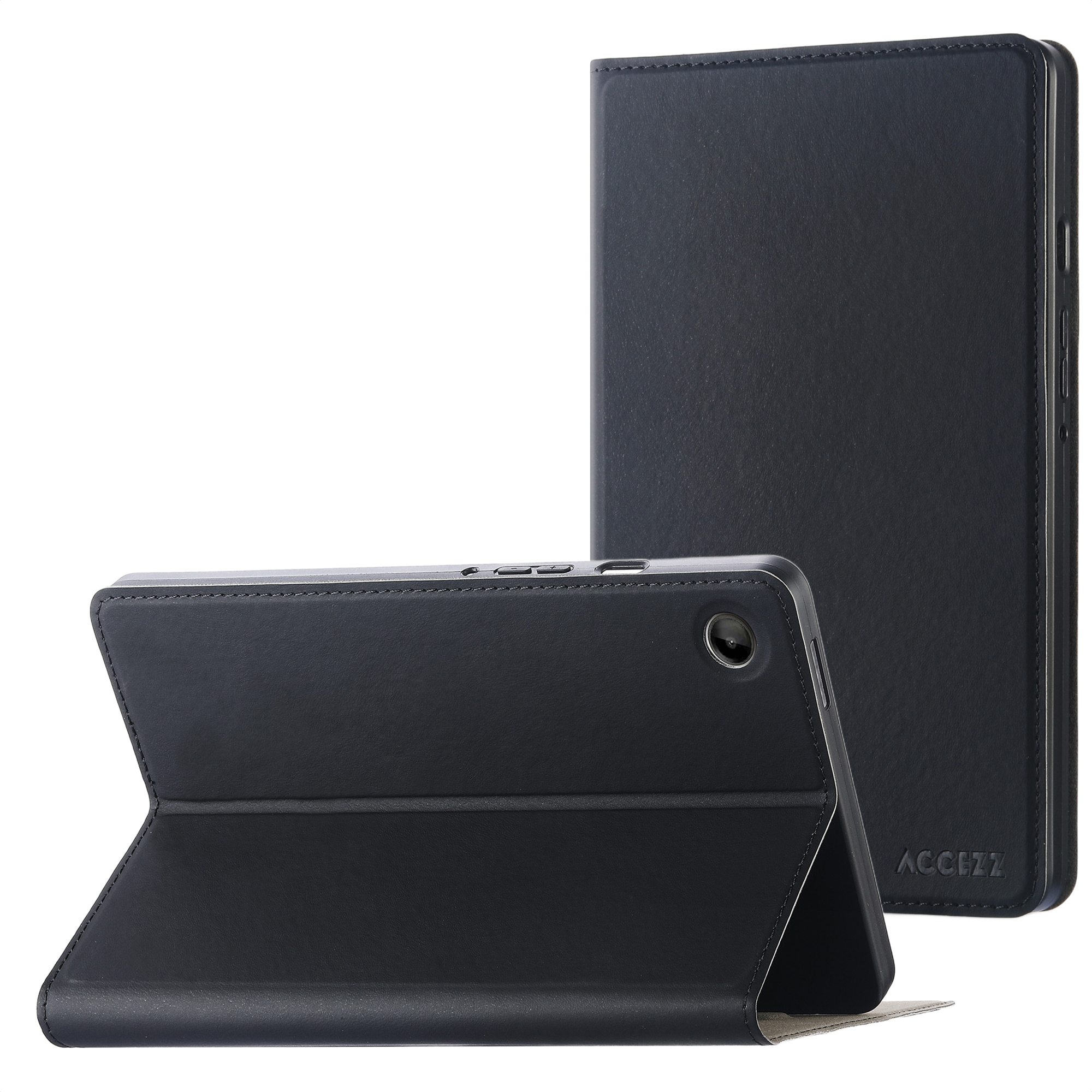 Black tablet case in two parts, one open, the other closed. Has a camera and buttons. The brand ACCEZZ is visible.