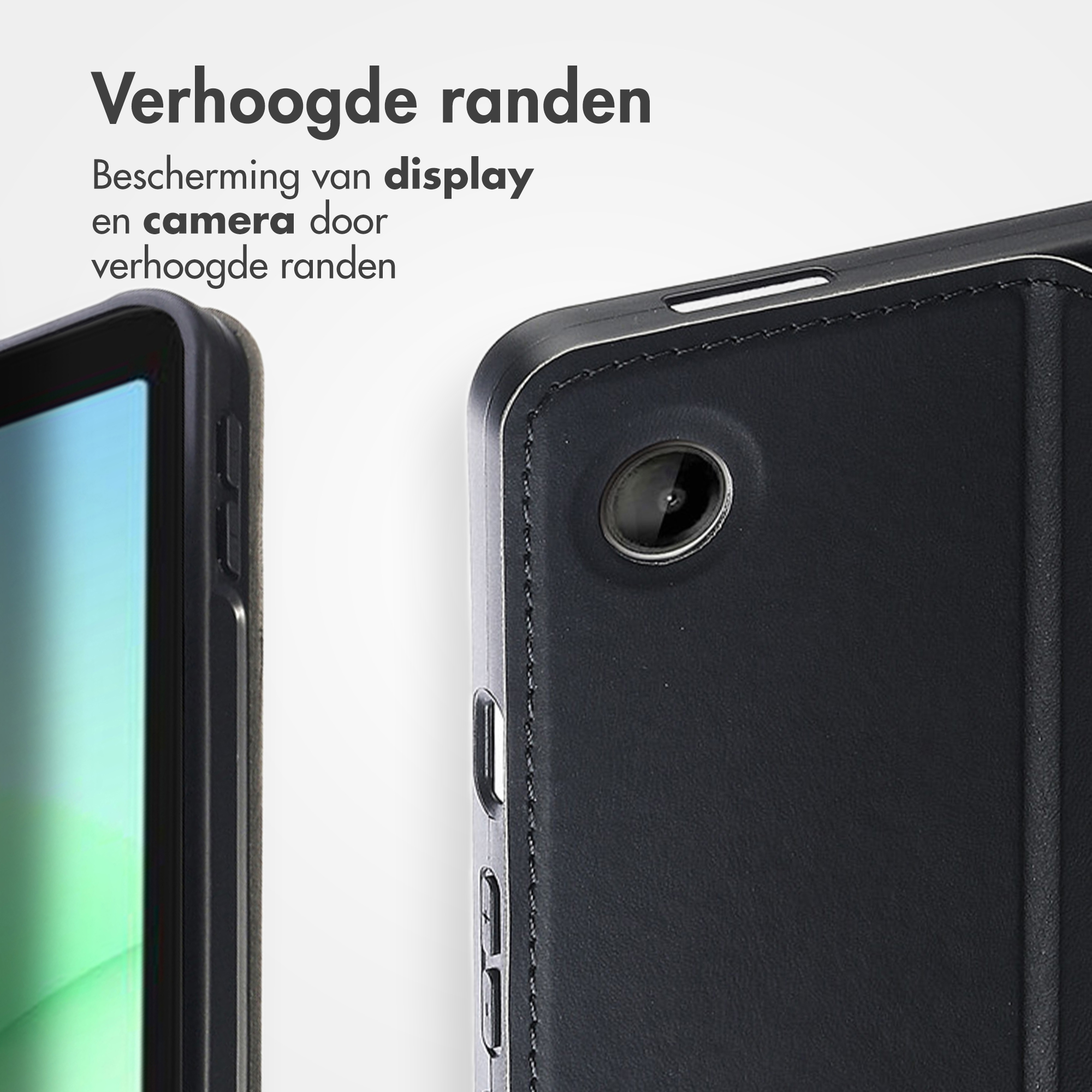 Close-up of a tablet case. It has a raised edge to protect the display and camera. Black leather material.
