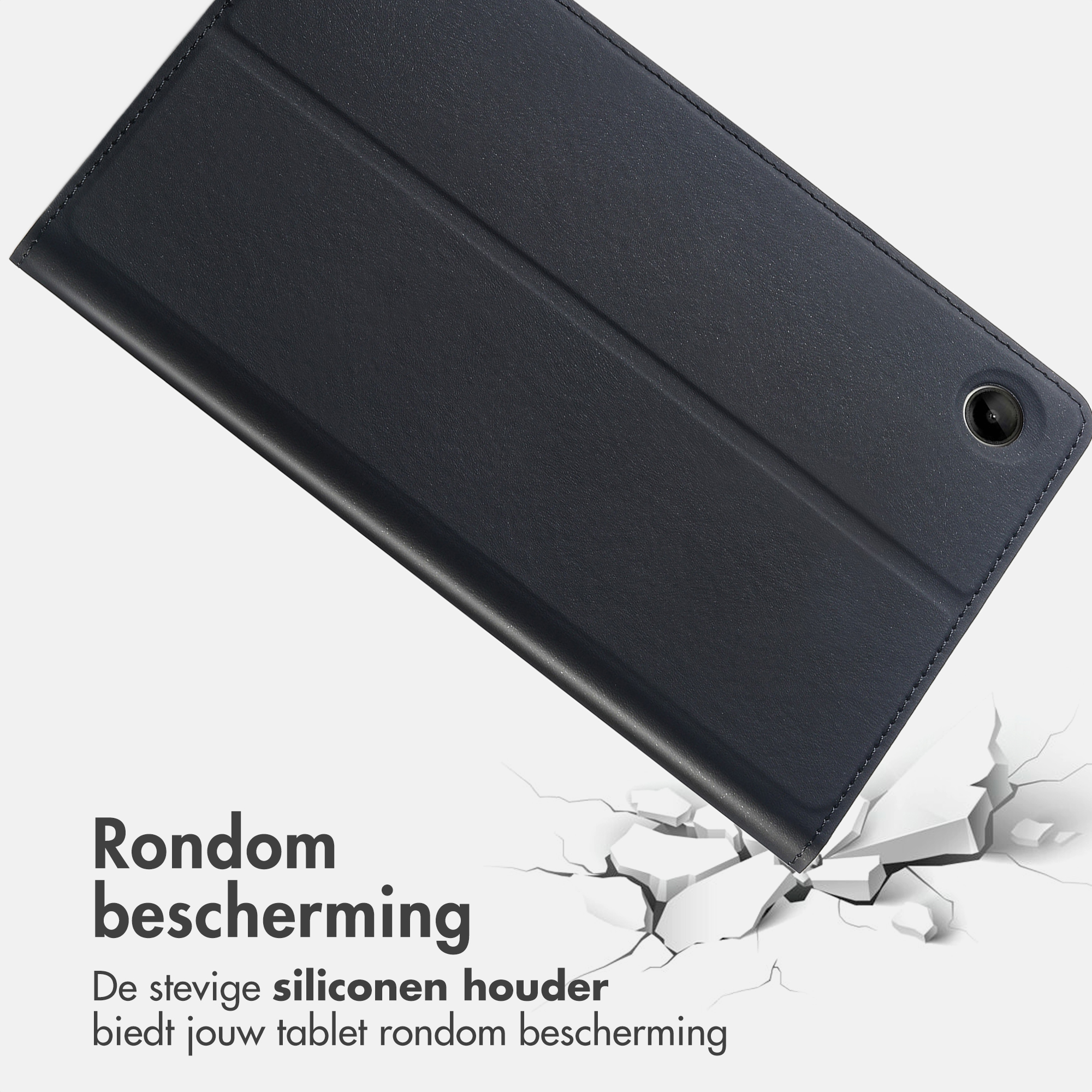 A dark tablet case is shown on a white background with text. The case appears to be falling and breaking the ground.