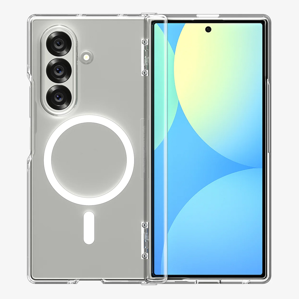 Una custodia trasparente con un telefono all'interno. La custodia ha un ritaglio per la fotocamera, un anello magnetico e un ritaglio per la porta di ricarica.