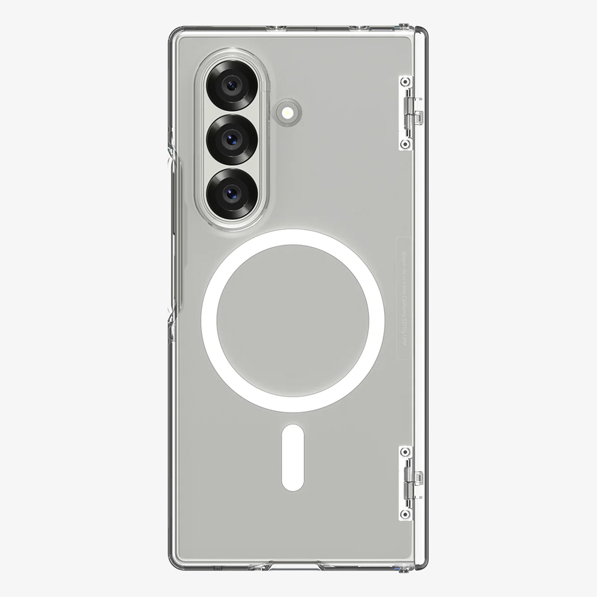 Custodia trasparente per telefono. Presenta tre obiettivi fotografici, un anello MagSafe bianco e un segno meno. La custodia ha una cornice trasparente.