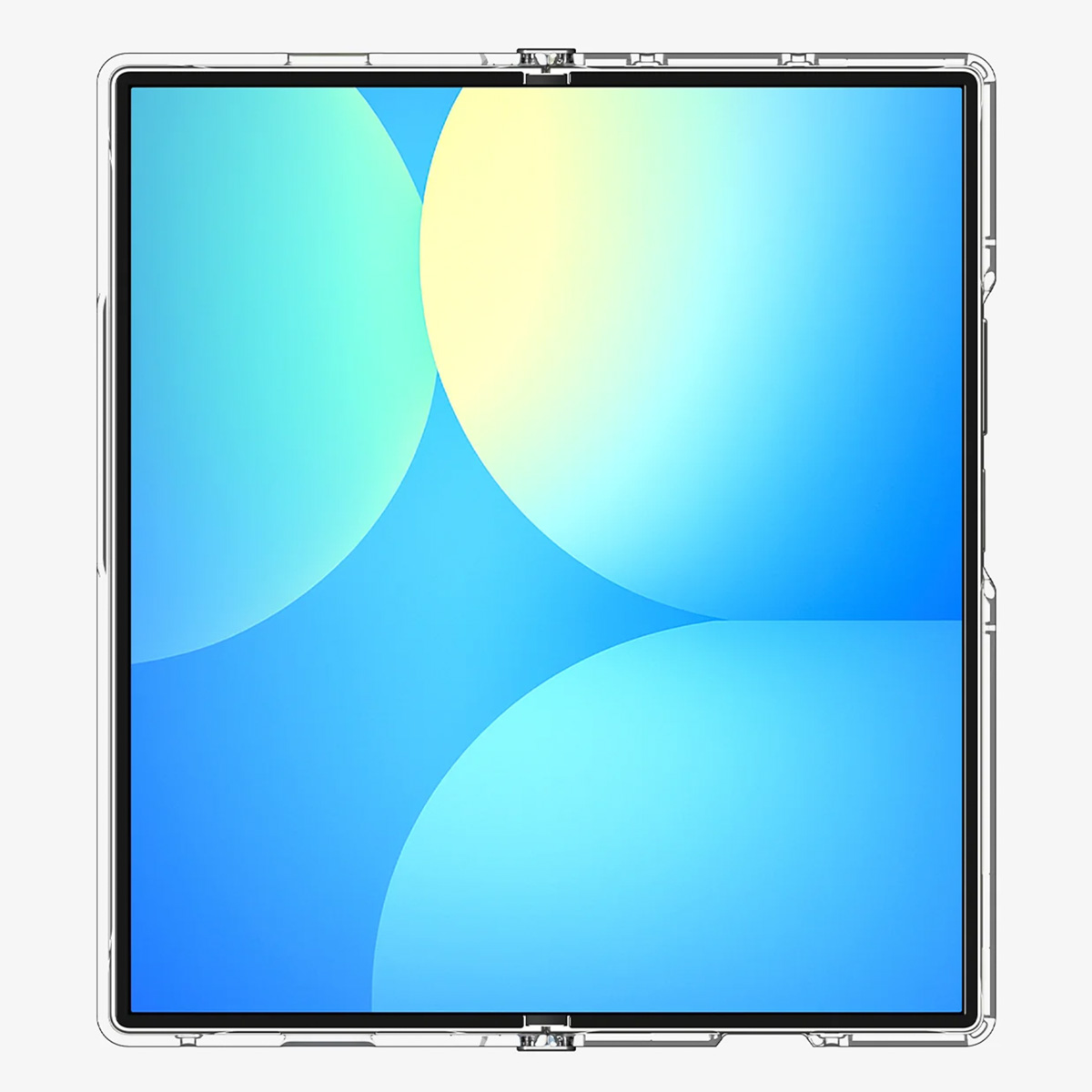 Un tablet con custodia trasparente mostra uno sfondo sfumato blu con grandi cerchi colorati.