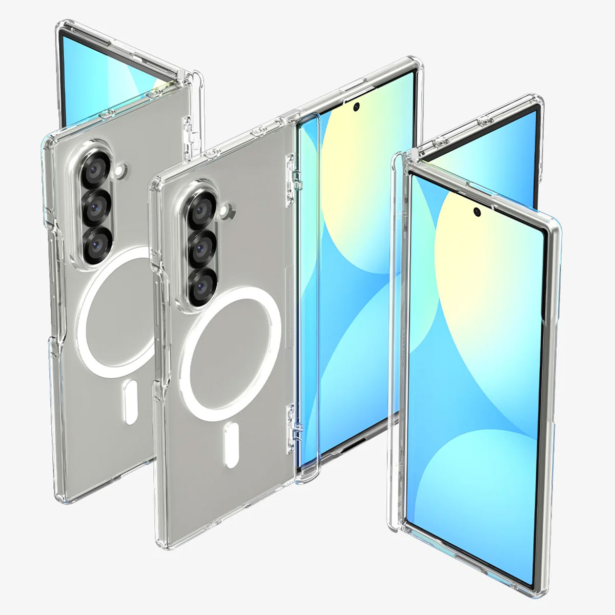 Vengono mostrati quattro smartphone con custodie trasparenti. Ogni telefono ha una serie di fotocamere e uno schermo con sfondo blu e giallo.