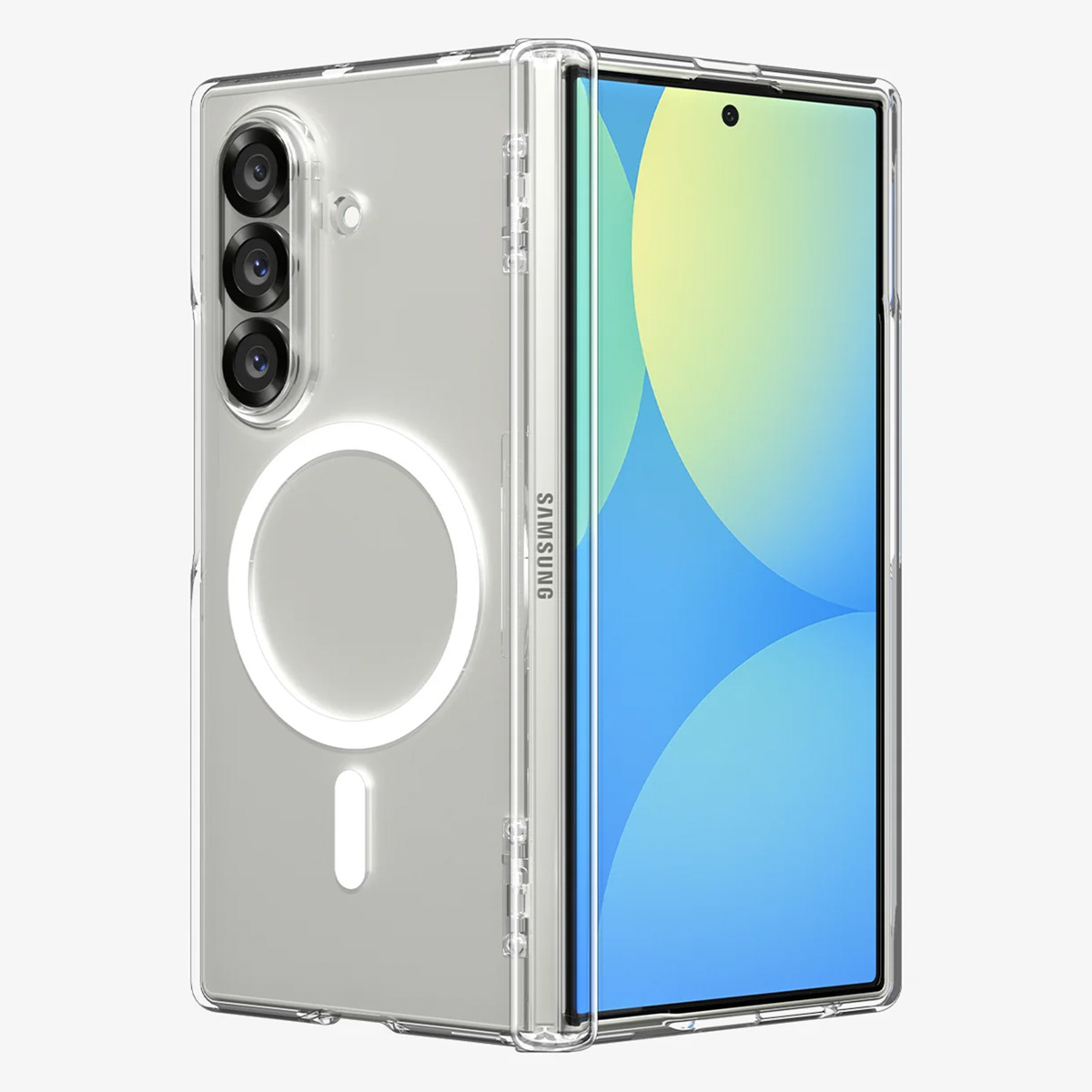 Una custodia trasparente per telefono con un telefono all'interno. Il telefono ha uno schermo con colori blu e giallo. La custodia ha un cerchio bianco.
