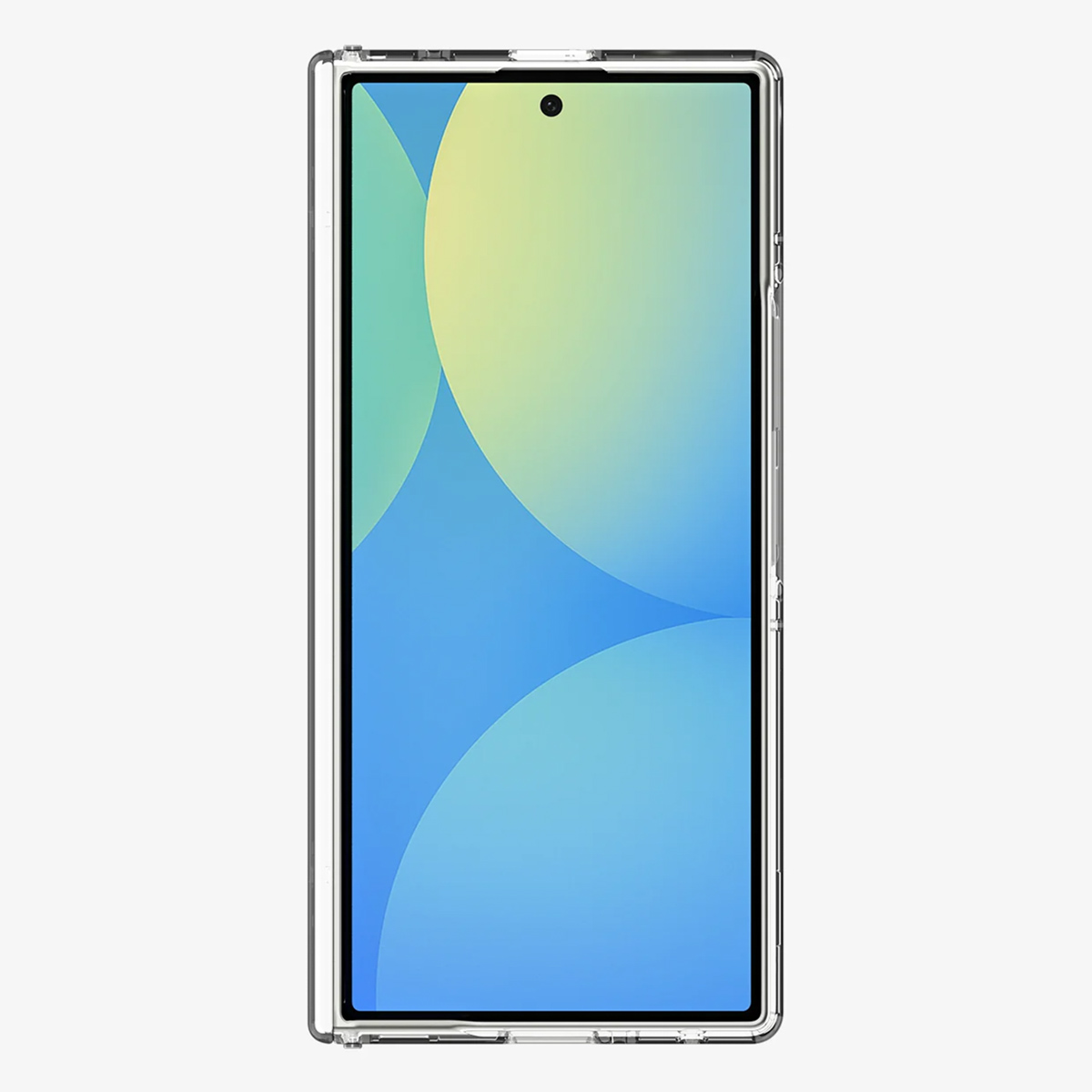Uno smartphone in una custodia trasparente. Lo schermo mostra un design a gradiente blu e giallo. Una fotocamera è visibile in alto.