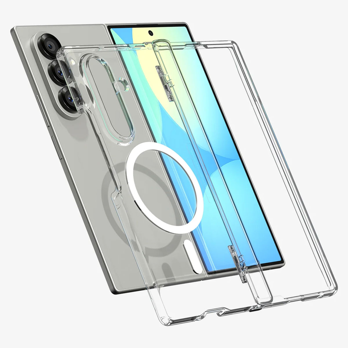 Viene mostrato uno smartphone con custodia trasparente. Il telefono è argentato con più fotocamere. La custodia ha un anello bianco ed è leggermente aperta.