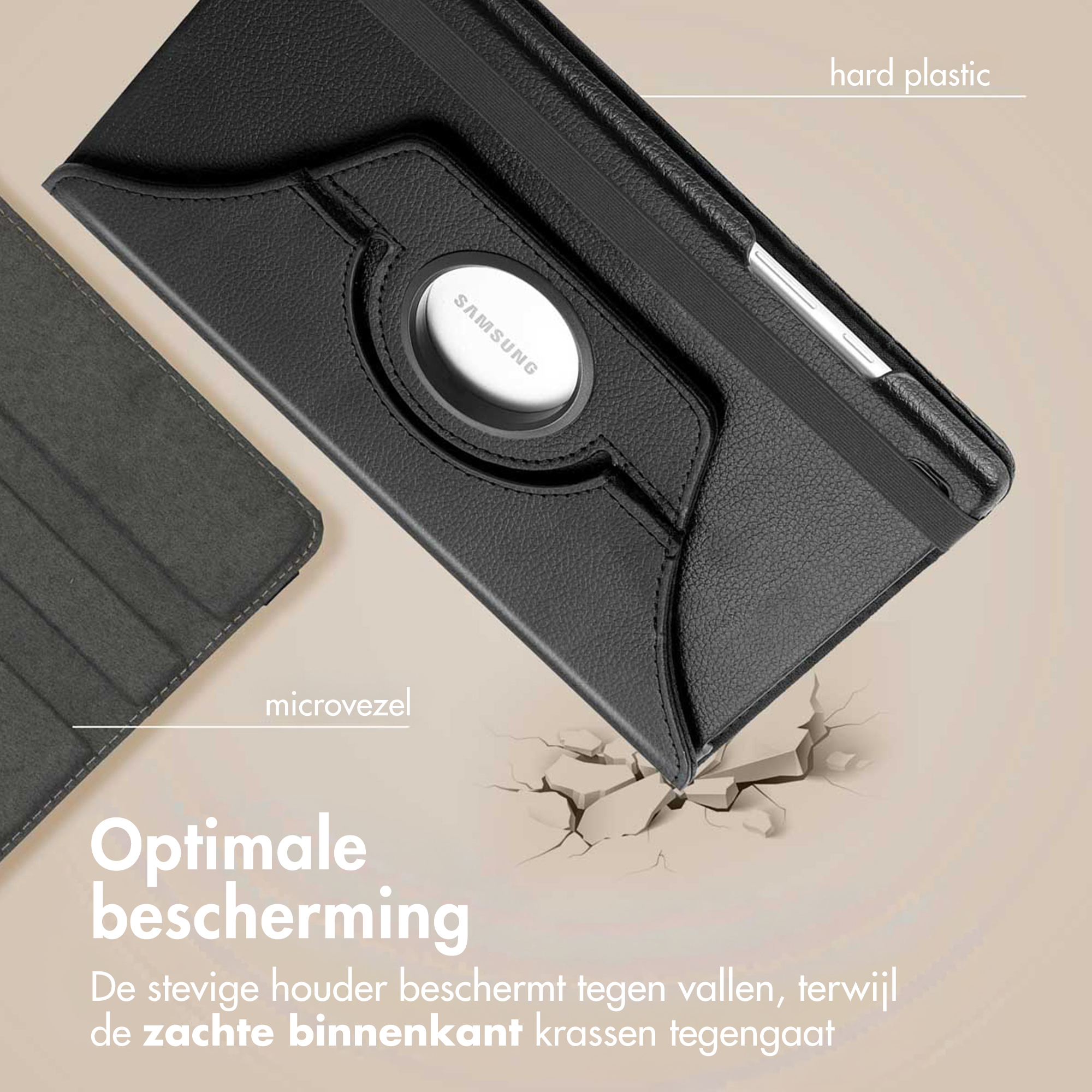 Étui de tablette noir avec logo 'Samsung', étiquettes en microfibre et plastique dur. Montre une protection contre les chutes et les rayures.