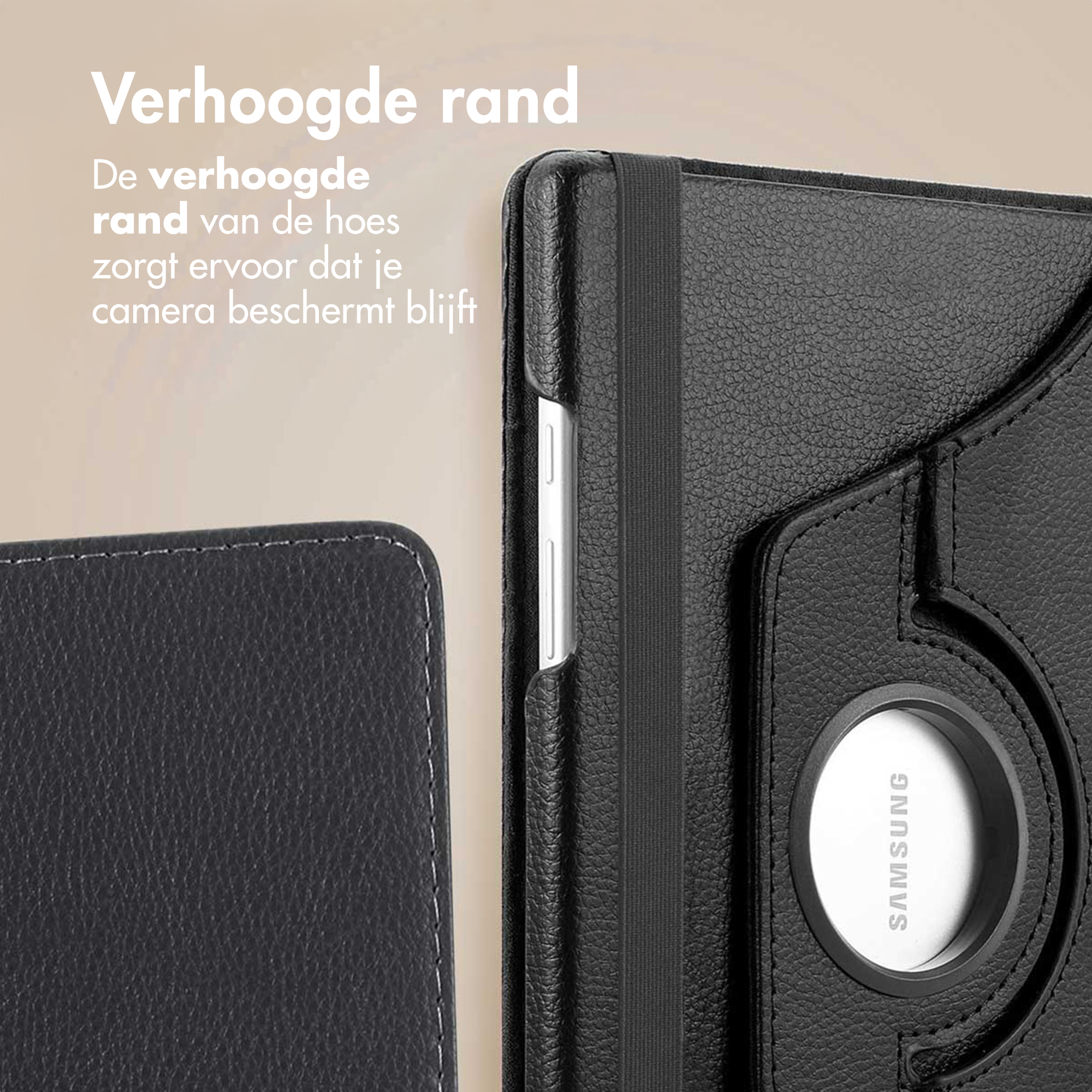 Étui de tablette noir avec bord surélevé, bande élastique et logo Samsung. L'étui protège la caméra.
