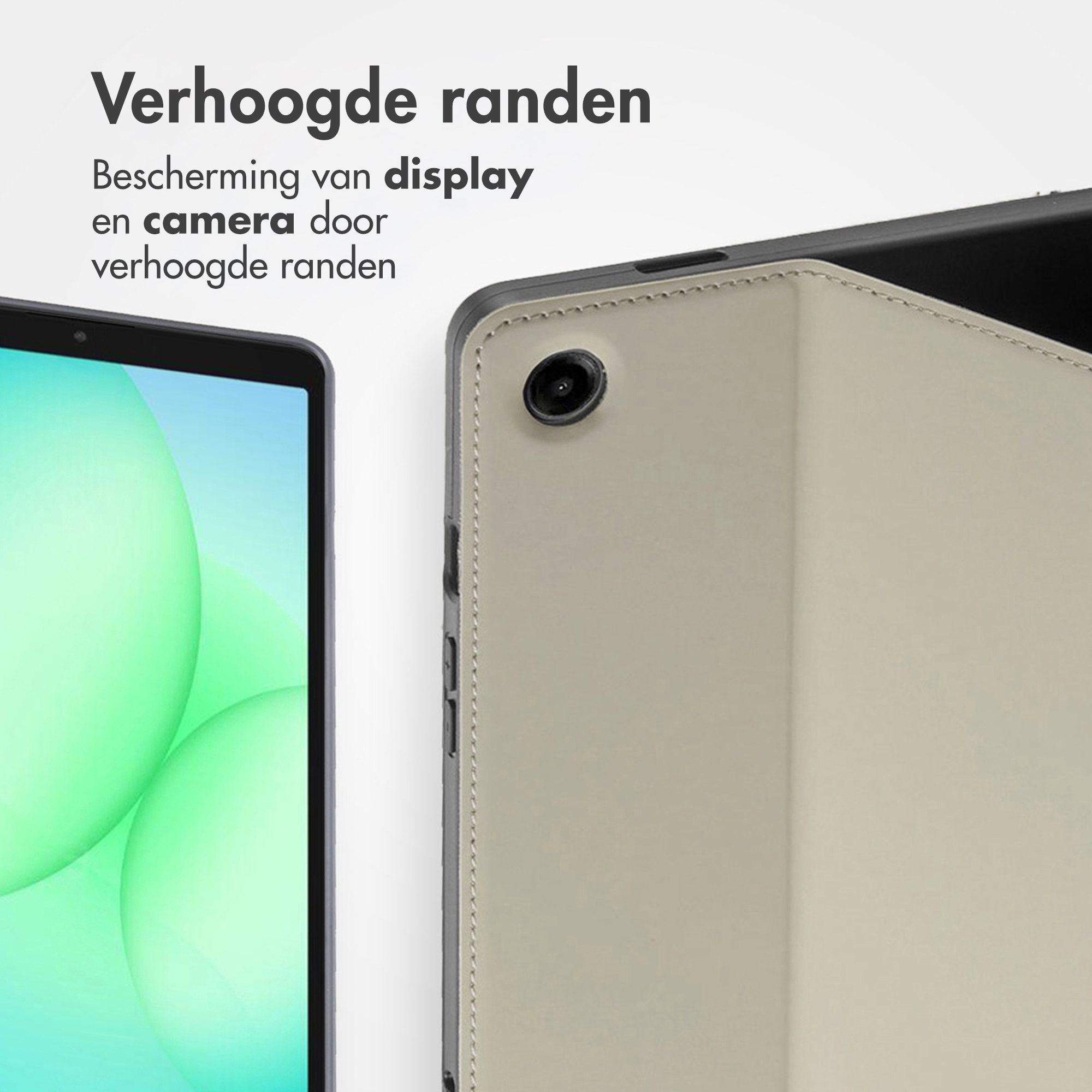 A tablet in a protective case, with text in Dutch. The case has raised edges for display and camera protection.