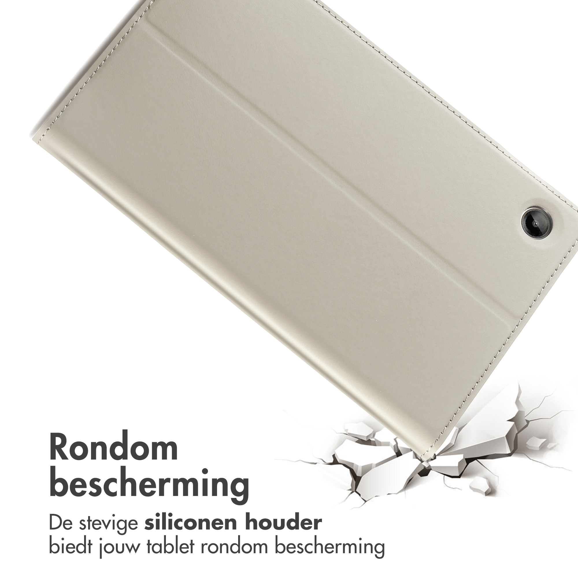 Beige tablet case at an angle, cracked floor beneath. Texts: 'Rondom bescherming', 'De stevige siliconen houder biedt jouw tablet rondom bescherming'.