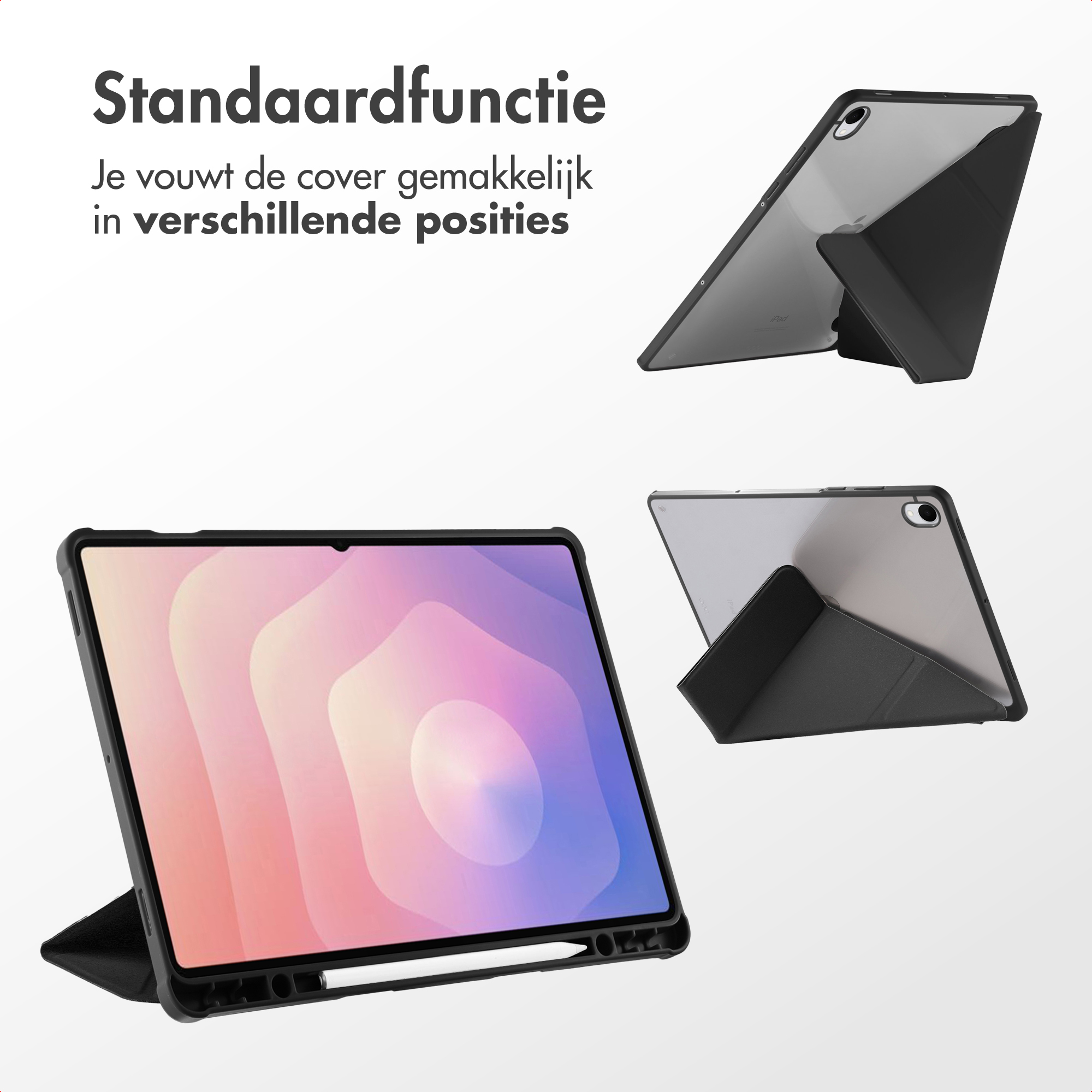 Three iPads in black cases. One is open, showing a colorful screen. Text says cover folds easily.