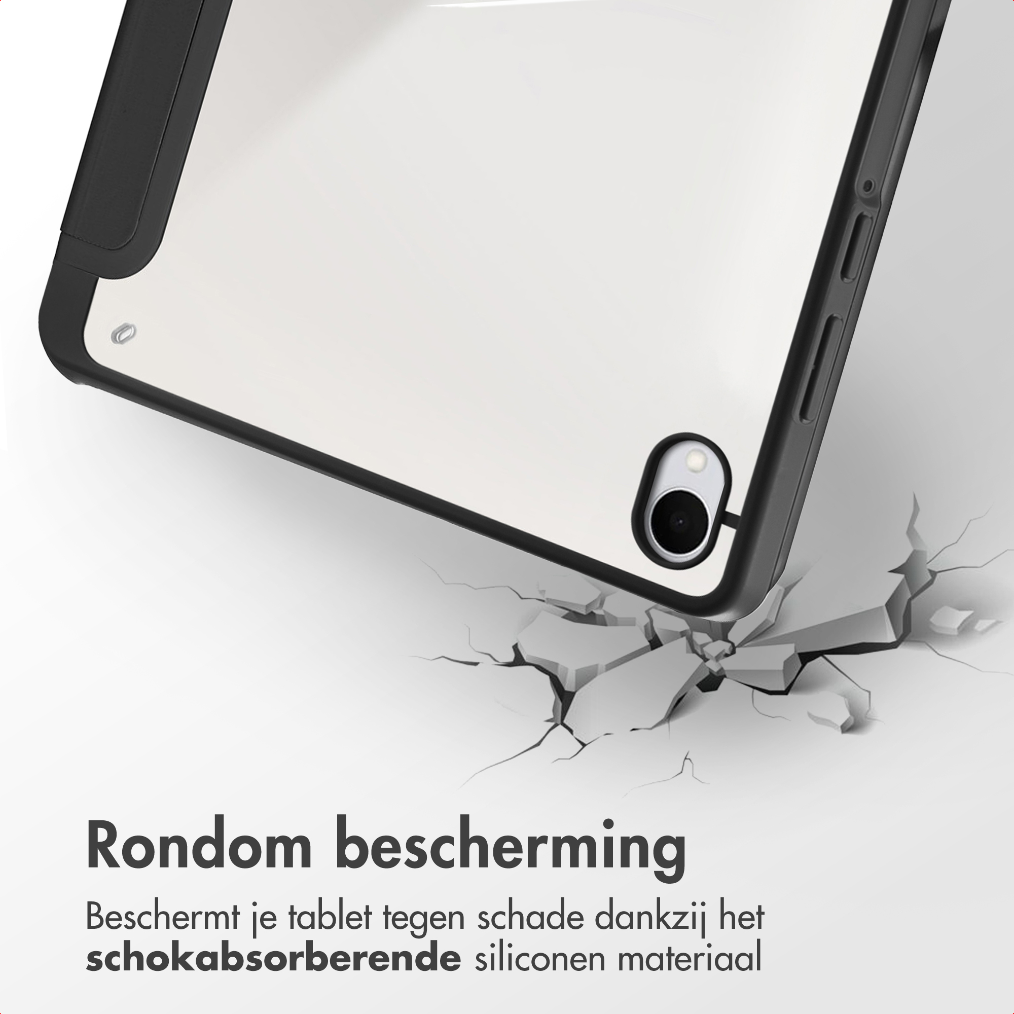 A tablet case with a black frame. The tablet is in the case, and cracks are shown beneath it. Text reads 'Rondom bescherming'.
