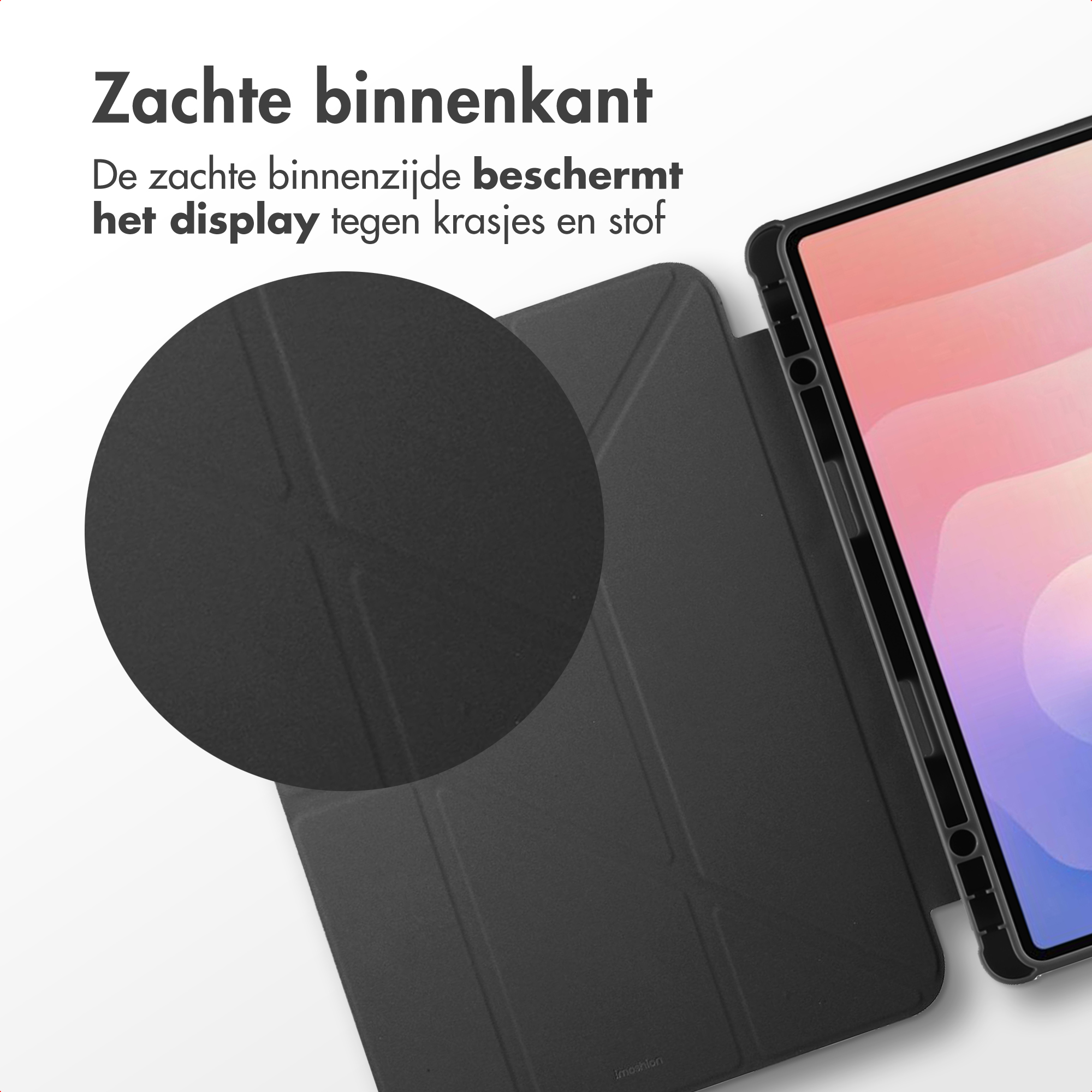 A black tablet case with a close-up of the soft inner side. A tablet is in the case, showing a colored screen.