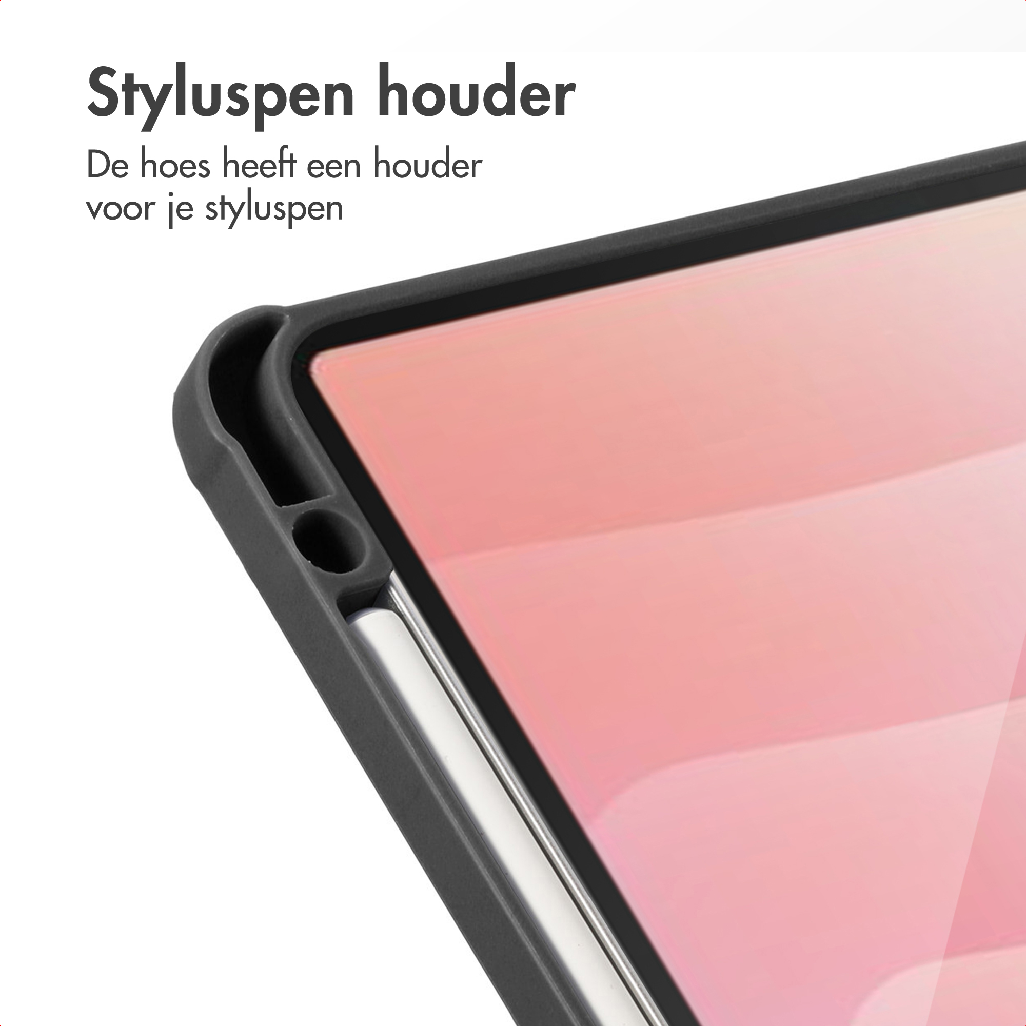 A close-up view of a black tablet case with a stylus holder. The screen is pink, and a stylus is visible.