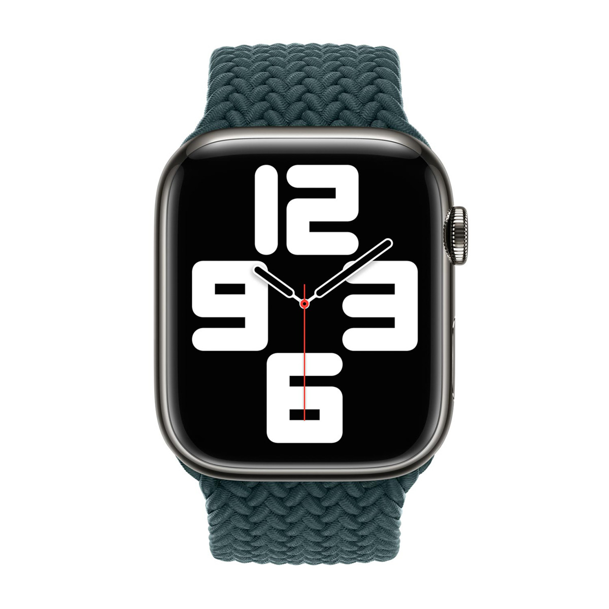 Un Apple Watch scuro con un cinturino intrecciato verde acqua. Il quadrante mostra l'ora. Lo sfondo è bianco.