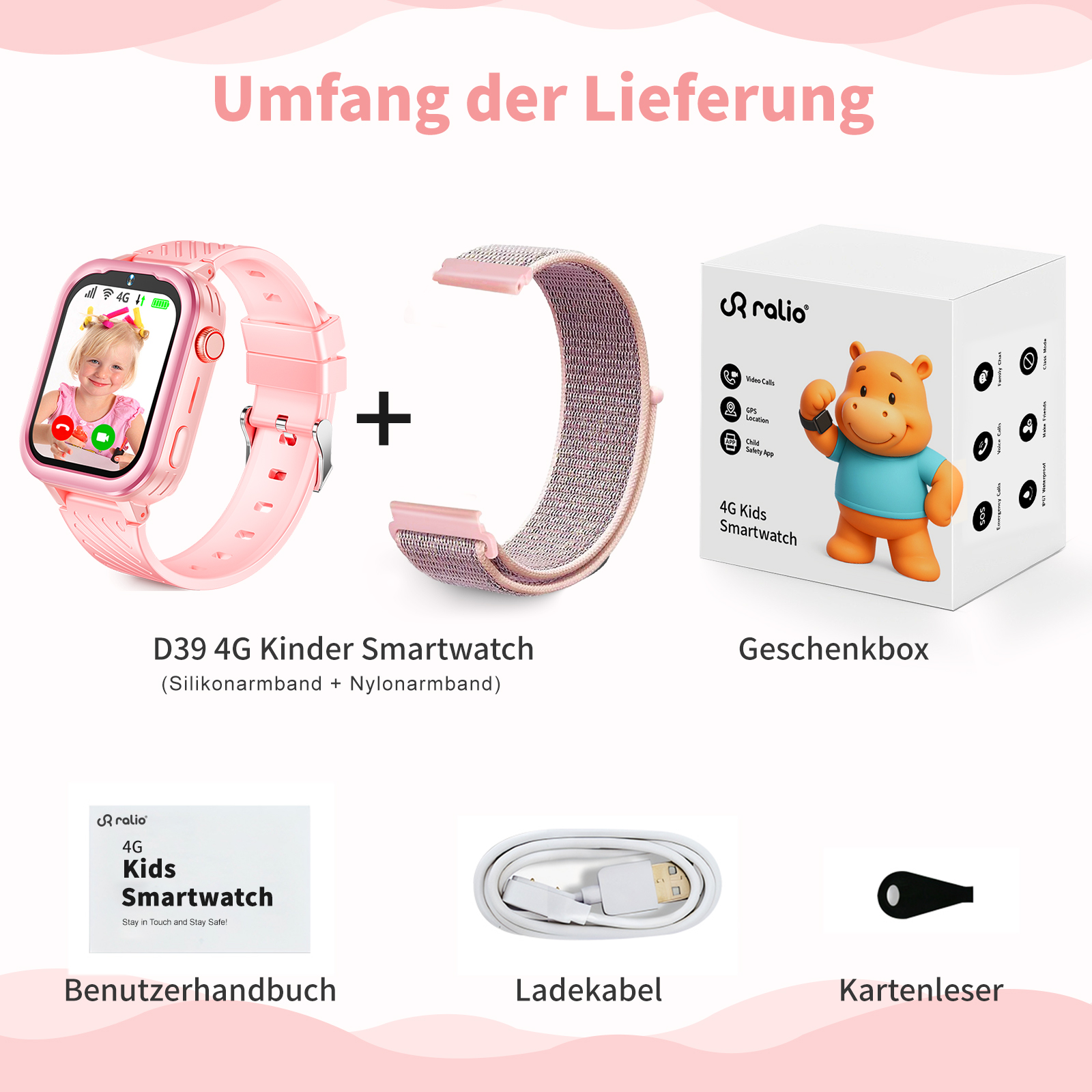 Eine rosa Kinder-Smartwatch, ein Armband, eine Box mit einem Bären, ein Handbuch, ein Ladekabel und ein Kartenleser werden gezeigt.