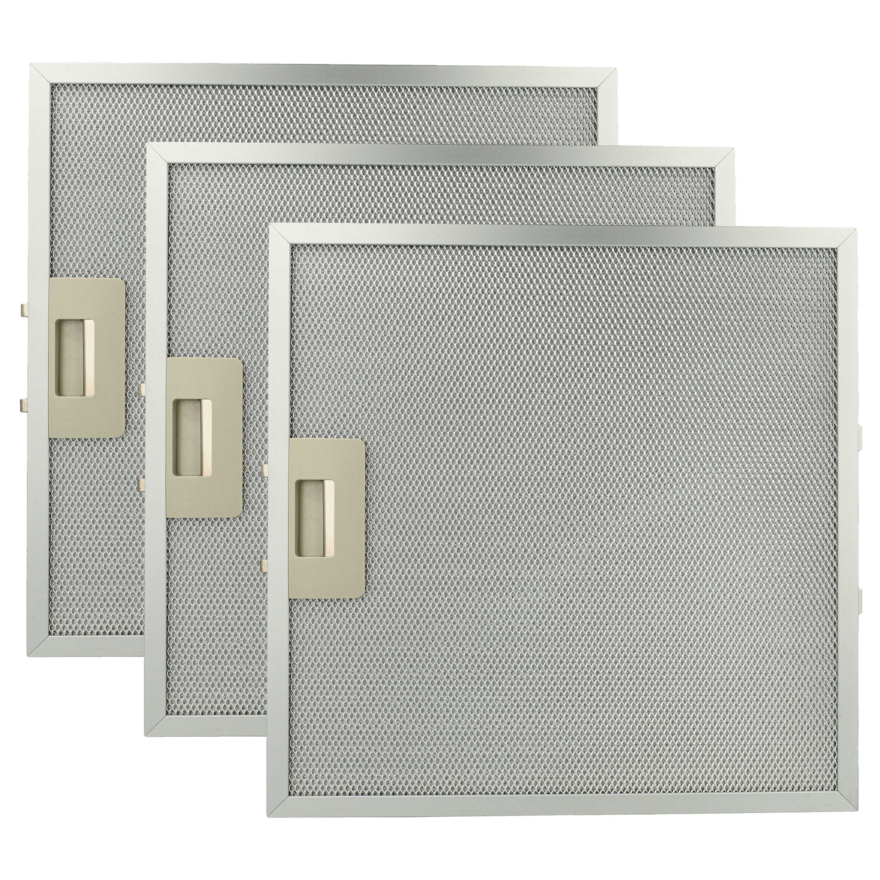 Drei Metallgitterfilter mit Griffen. Die Filter sind rechteckig und haben ein feines Maschenmuster. Weißer Hintergrund.