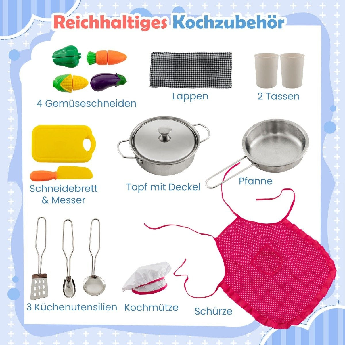 Un juego de juguetes de cocina que incluye verduras, una tabla de cortar, utensilios, una sartén, una olla y un delantal.