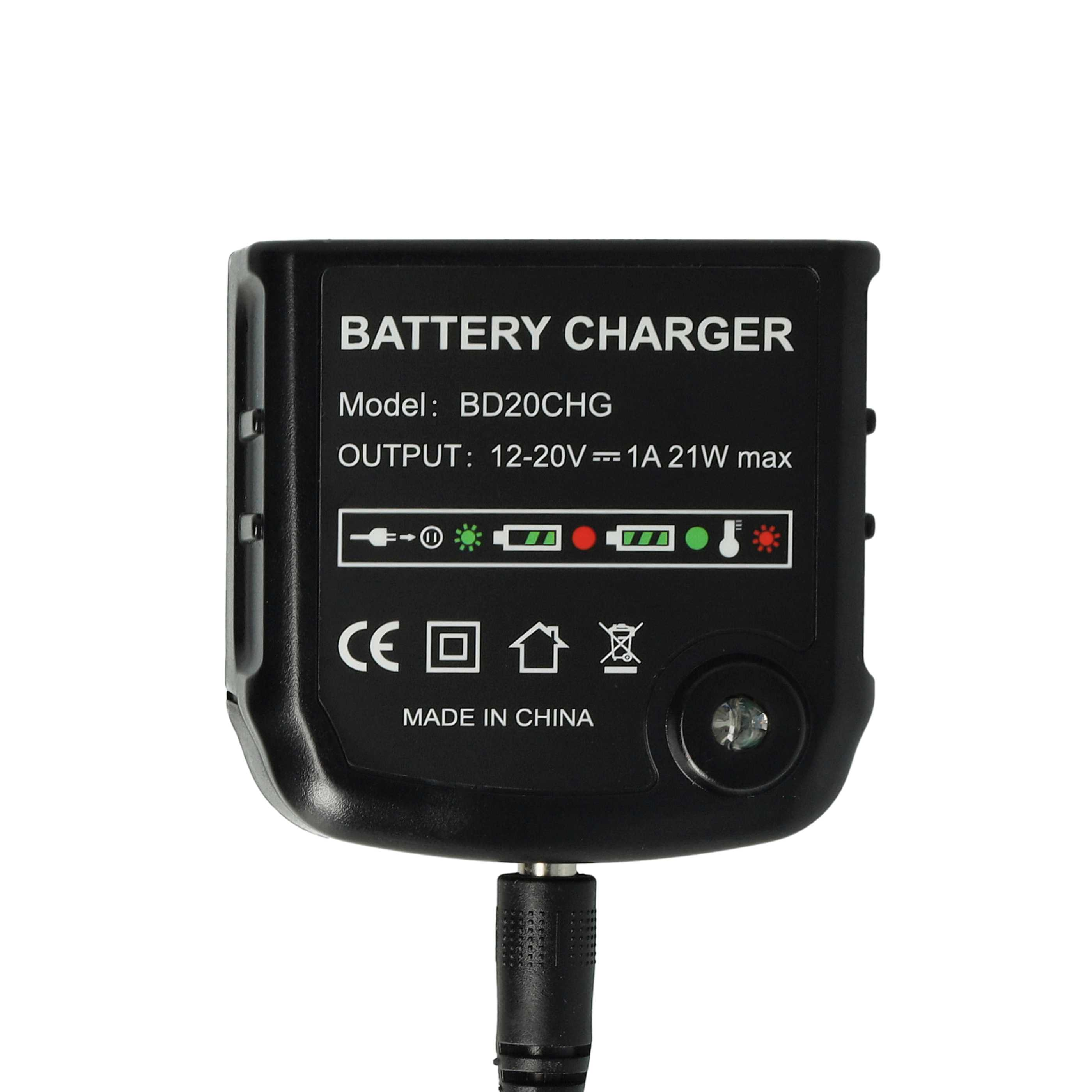 Ein schwarzes Batterieladegerät mit Text: Batterieladegerät, Modell: BD20CHG. Es hat eine Ladeanzeige.