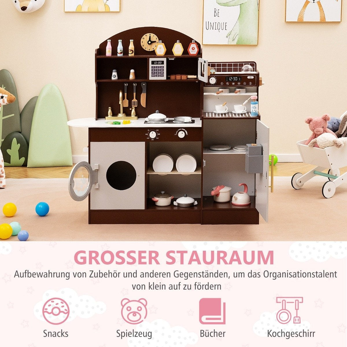 Un juego de cocina de juguete para niños con lavadora, horno y microondas. Se ven varios platos, ollas y alimentos.