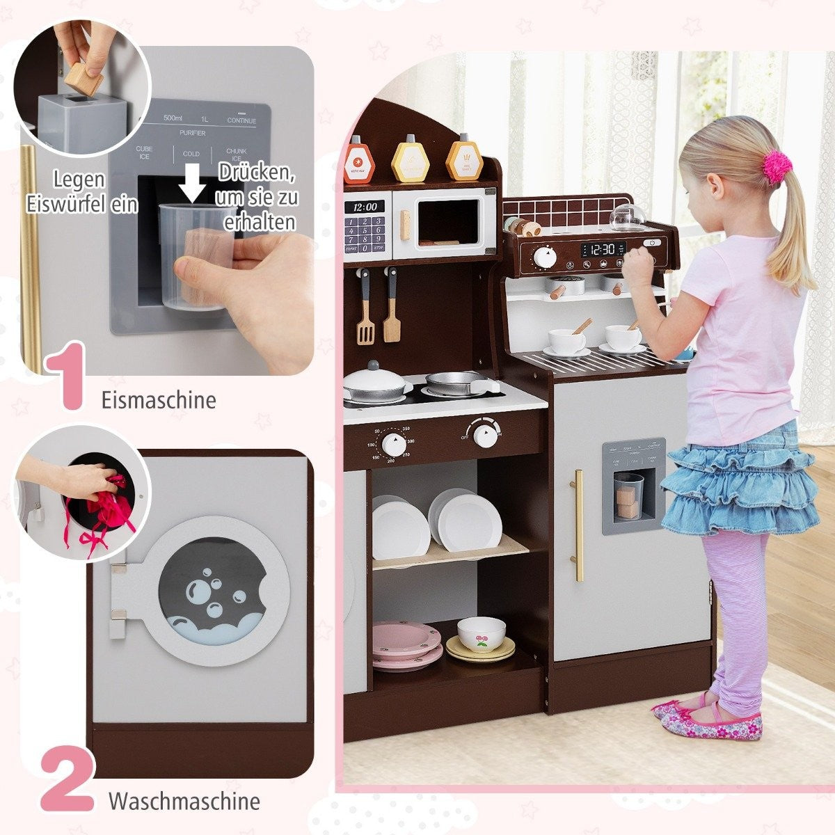Una niña juega con una cocina de juguete con nevera, microondas y estufa. También hay una lavadora de juguete.