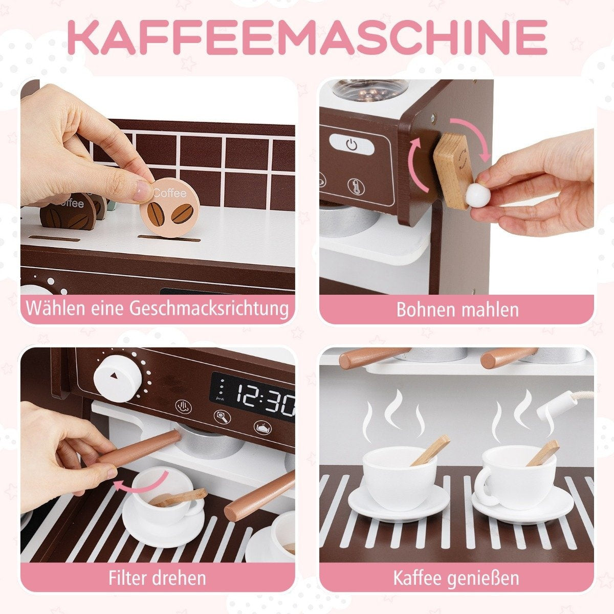 Un juguete de máquina de café de madera con pasos: elegir sabor, moler granos, girar filtro y disfrutar del café. Las manos interactúan.