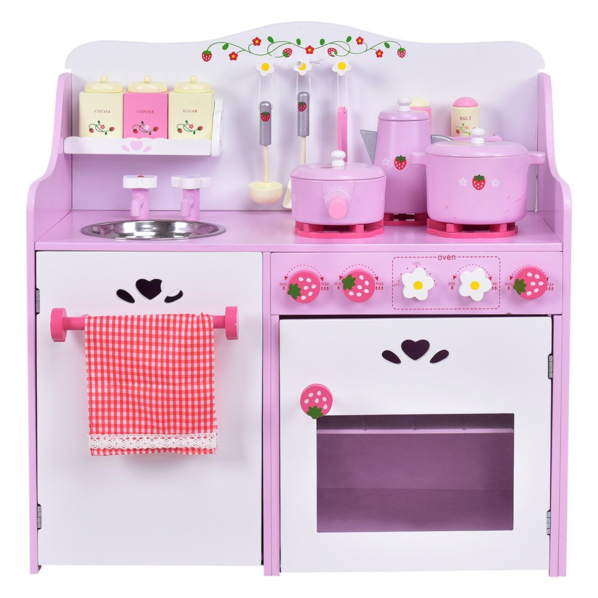 Una cocina de juguete rosa y blanca con fregadero, estufa, horno y accesorios como ollas, sartenes y utensilios.
