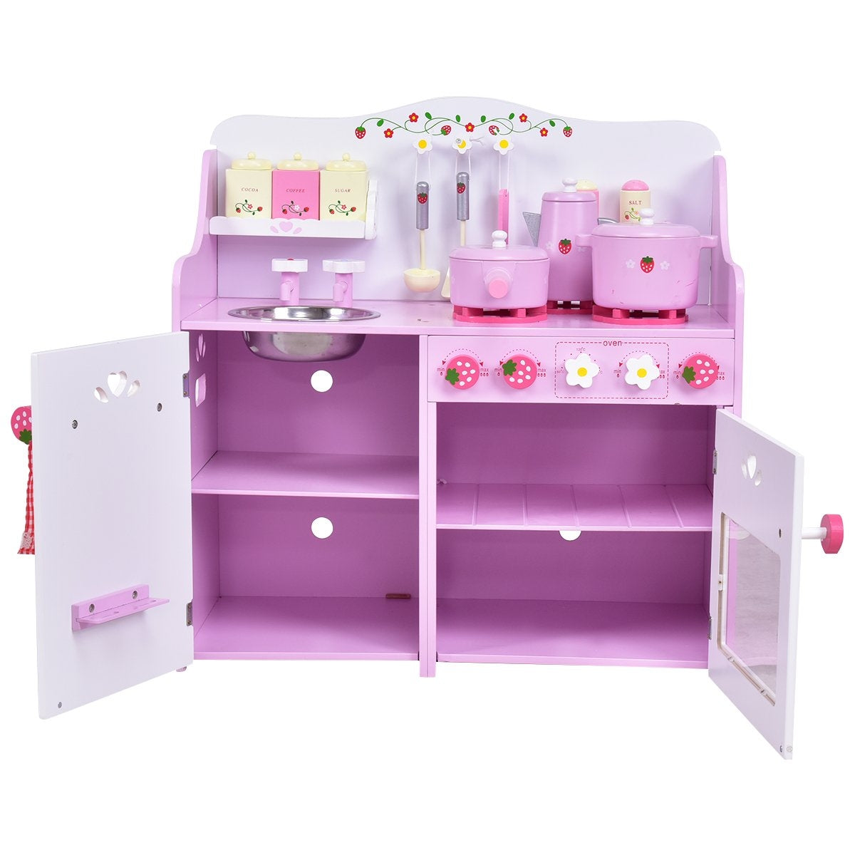 Una cocina de juguete de madera rosa. Tiene un fregadero, horno, estufa, estantes y varios utensilios y tarros de cocina de juguete.