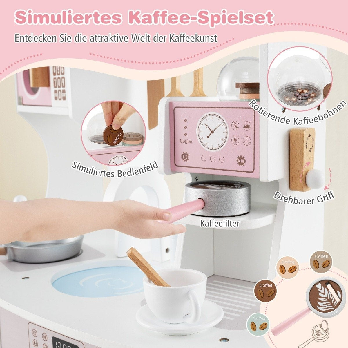 Una cafetera de juguete. Tiene un panel de control rosa, una taza y la mano de una persona interactuando con la máquina.
