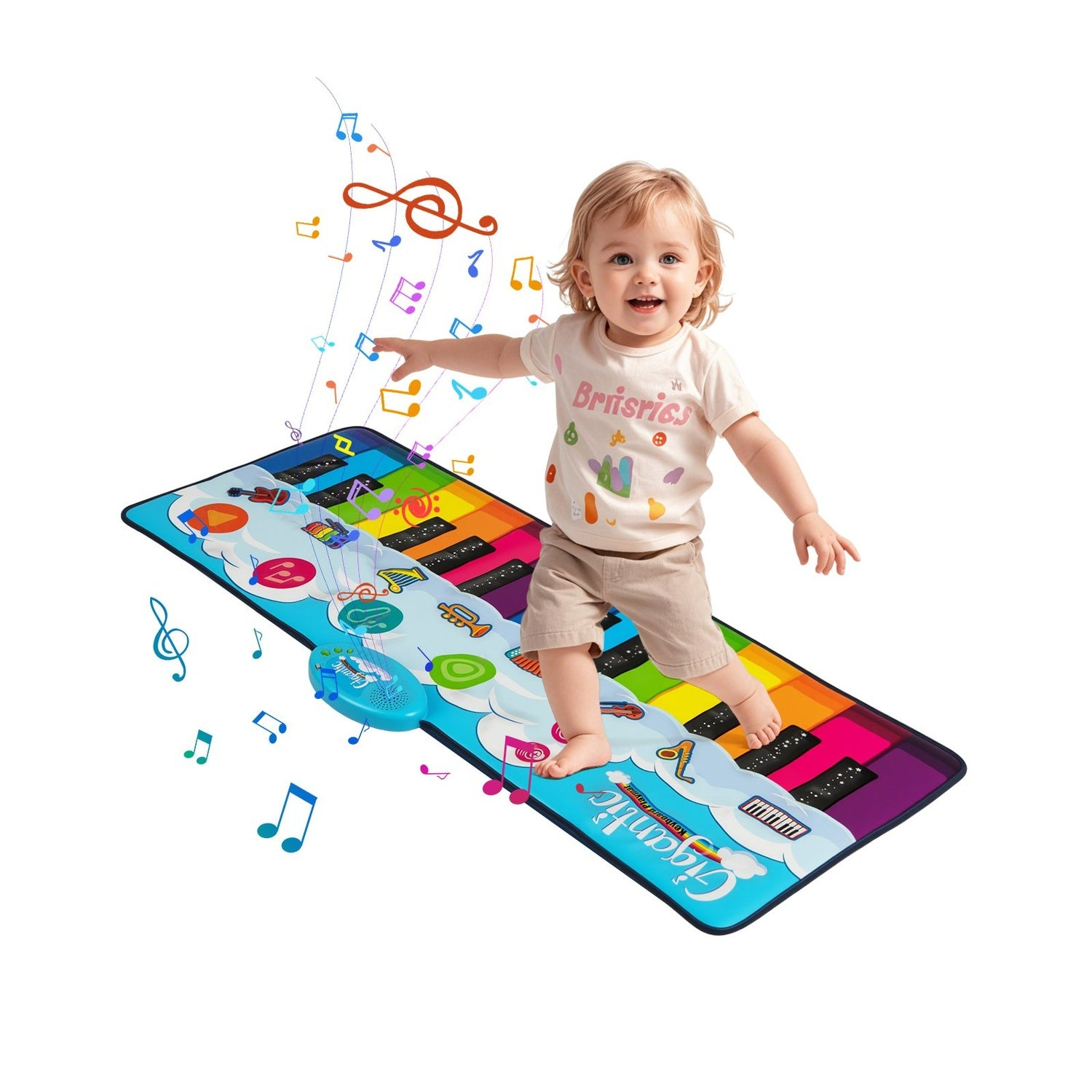 Un niño sonriente está de pie sobre una colorida alfombra de piano. Notas musicales flotan alrededor del niño, que lleva una camiseta y pantalones cortos.