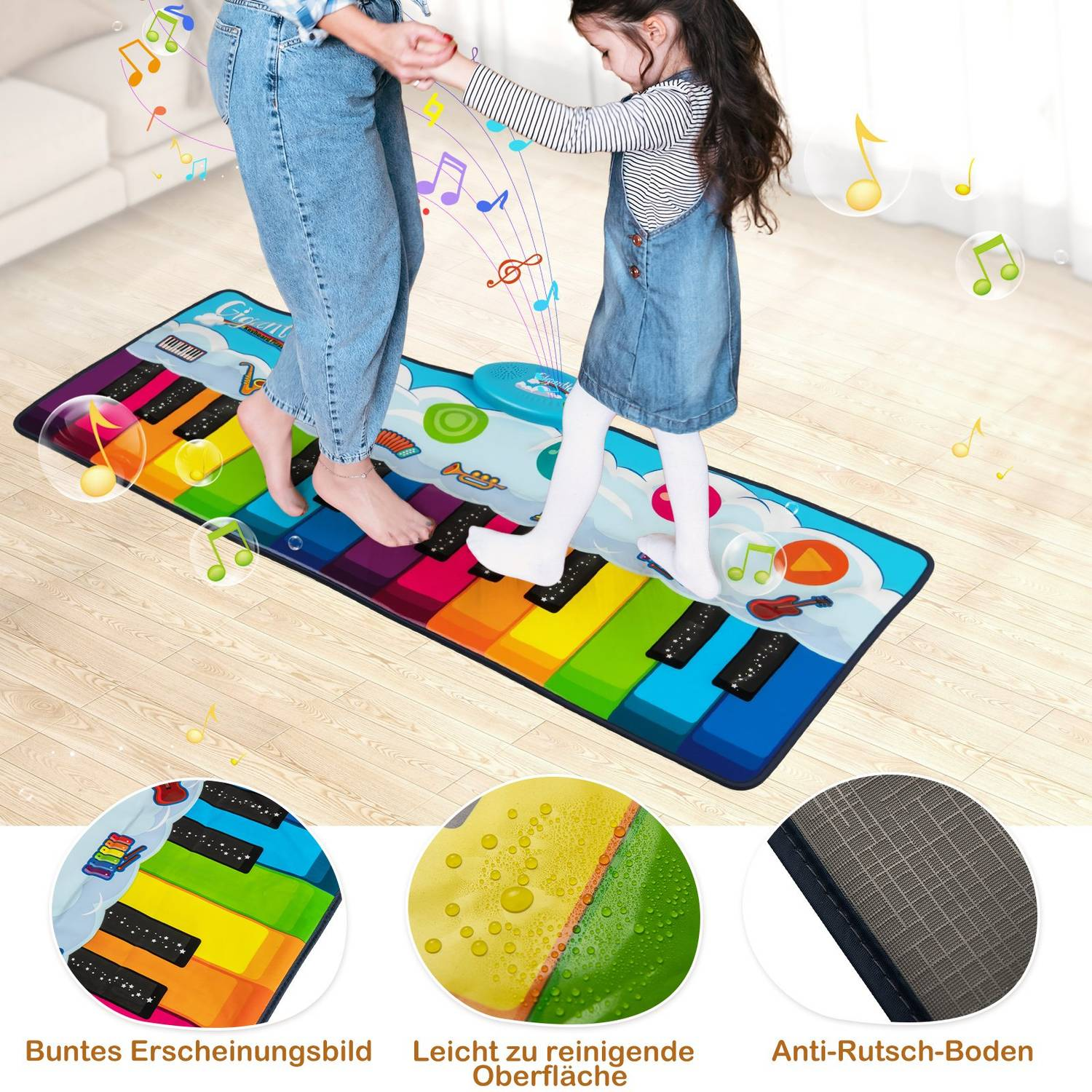 Una mujer y una niña juegan en una colorida alfombra de piano. Notas musicales flotan a su alrededor. La alfombra tiene un diseño de teclado de piano.