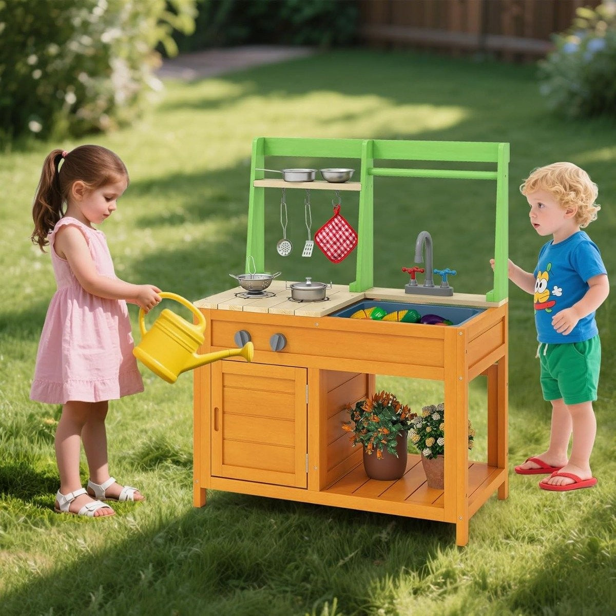 Dos niños juegan con una cocina de juguete de madera al aire libre. Uno la riega con una regadera amarilla. El otro está cerca.