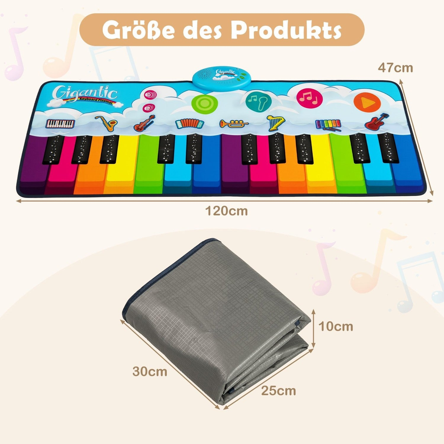Un colorido tapete de teclado Gigantic con dimensiones. Debajo hay una alfombra gris plegada. Notas musicales en el fondo.
