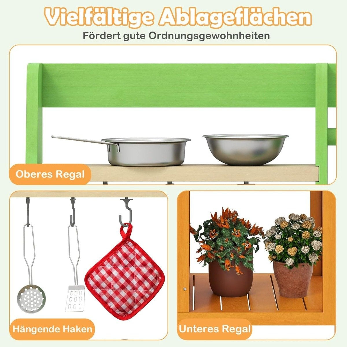 Un estante verde con sartenes de metal. Debajo hay utensilios de cocina colgantes y plantas en macetas en un estante de madera. Salvamanteles a cuadros rojos y blancos.