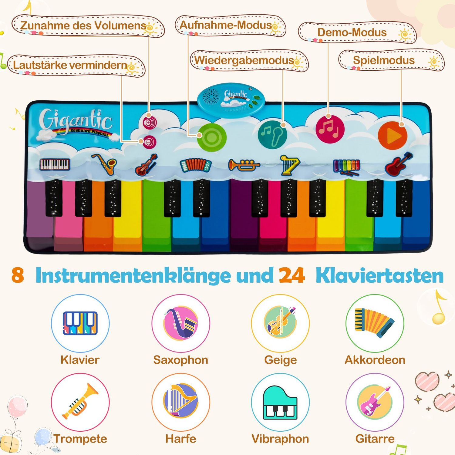 Juguete con forma de piano colorido con botones e ilustraciones de instrumentos. Incluye controles de volumen, modos y 8 sonidos.