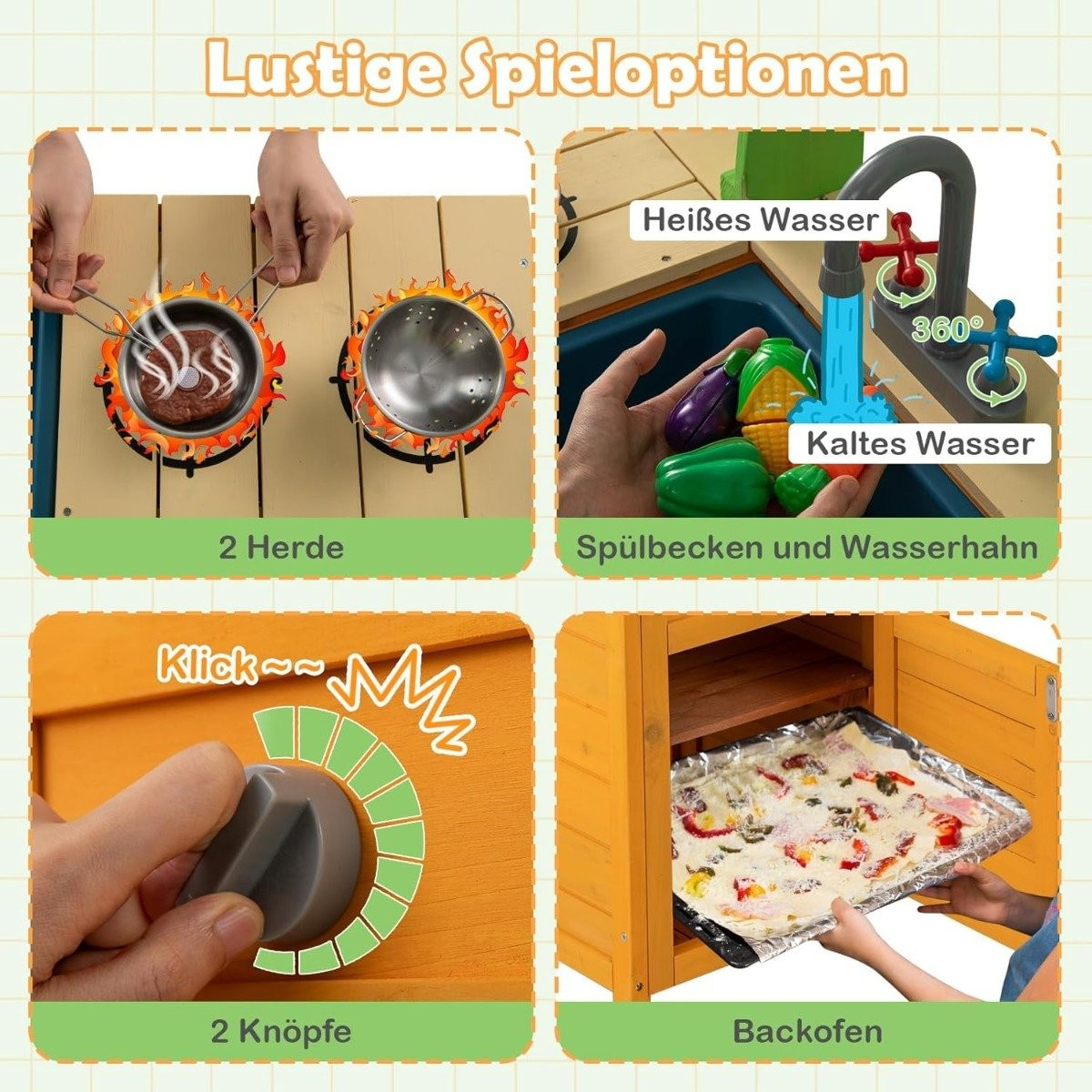 Una cocina de juguete para niños con estufa, fregadero, horno y perillas, que muestra agua caliente, fría y utensilios.